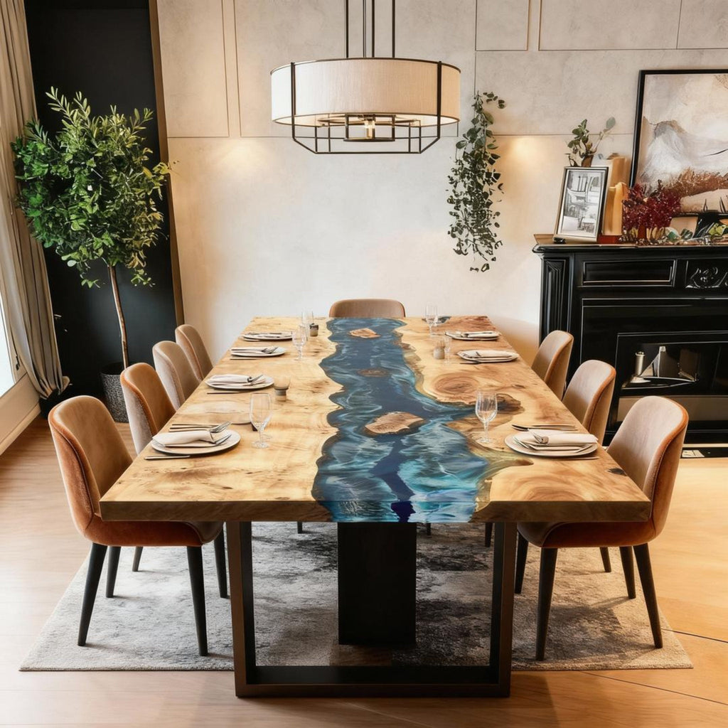 Table rivière sur mesure en bois de peuplier et résine époxy, bleu nuit à turquoise, VXL-573