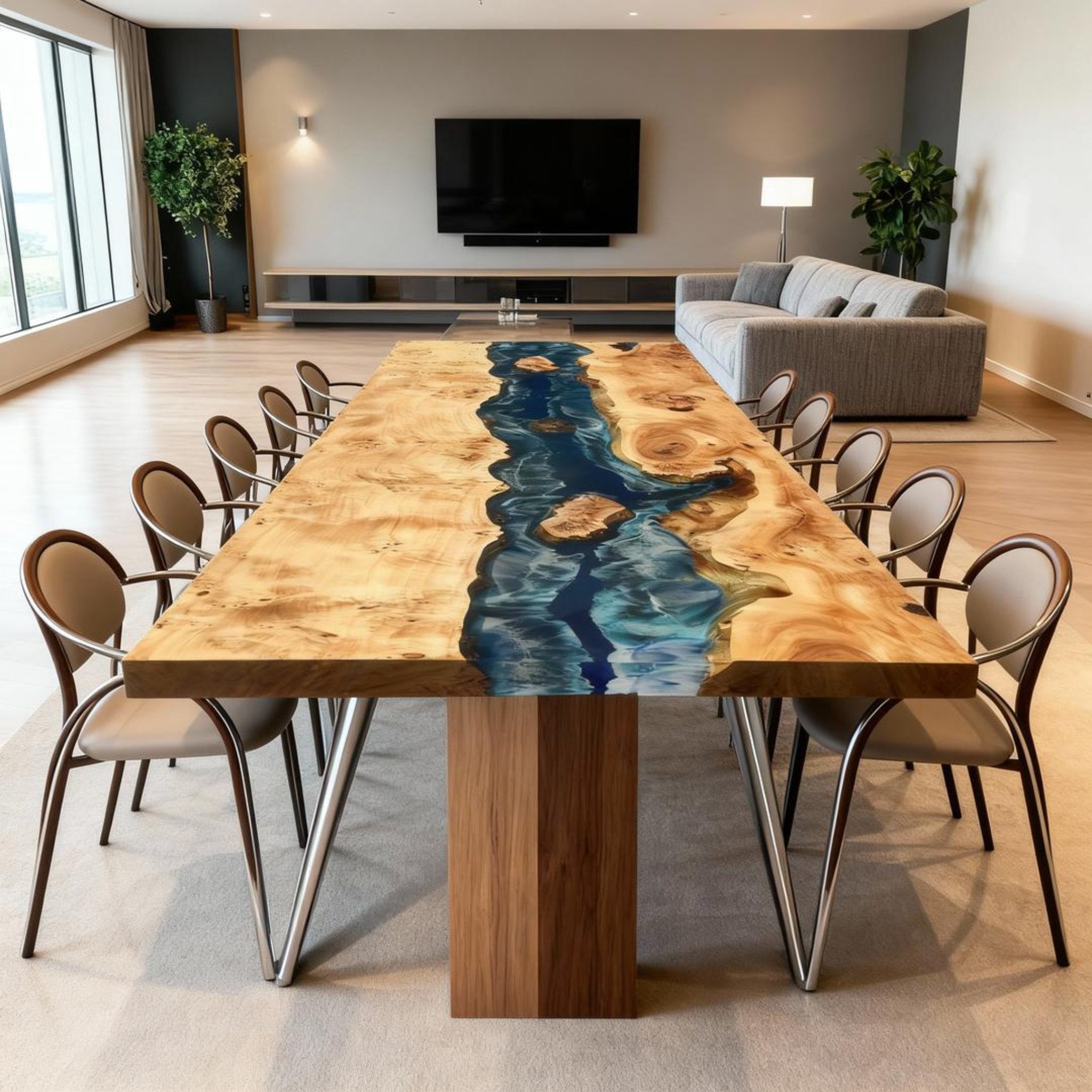 Table rivière sur mesure en bois de peuplier et résine époxy, bleu nuit à turquoise, VXL-573