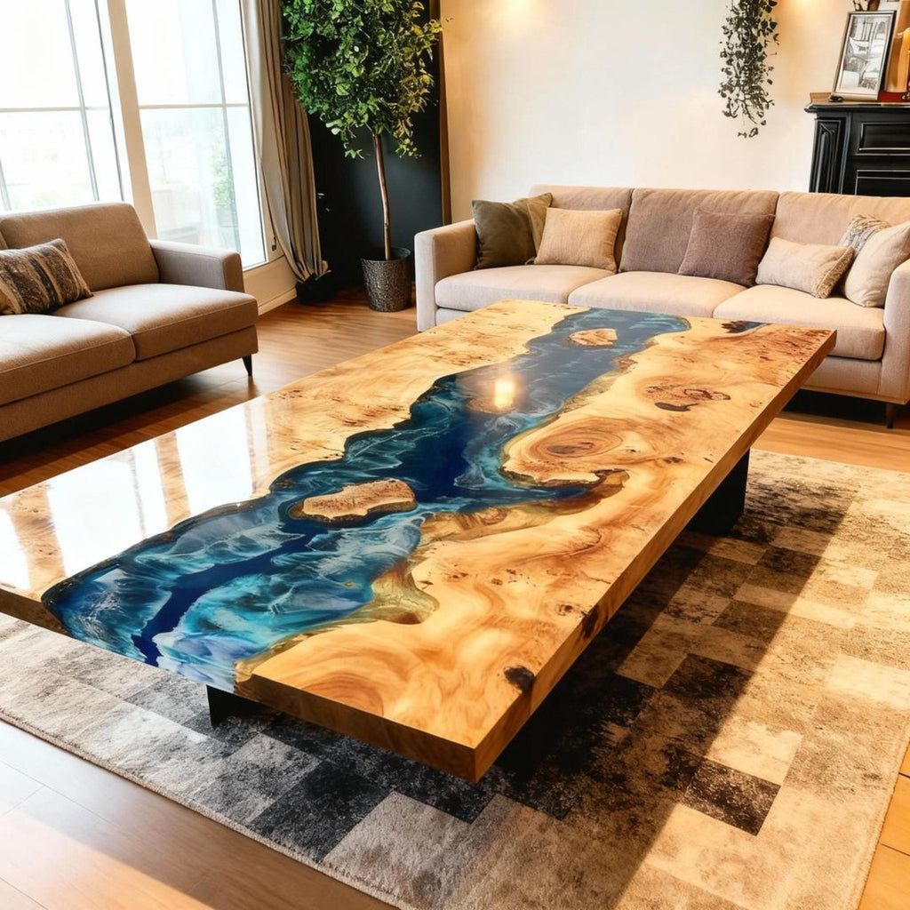 Table rivière sur mesure en bois de peuplier et résine époxy, bleu nuit à turquoise, VXL-573