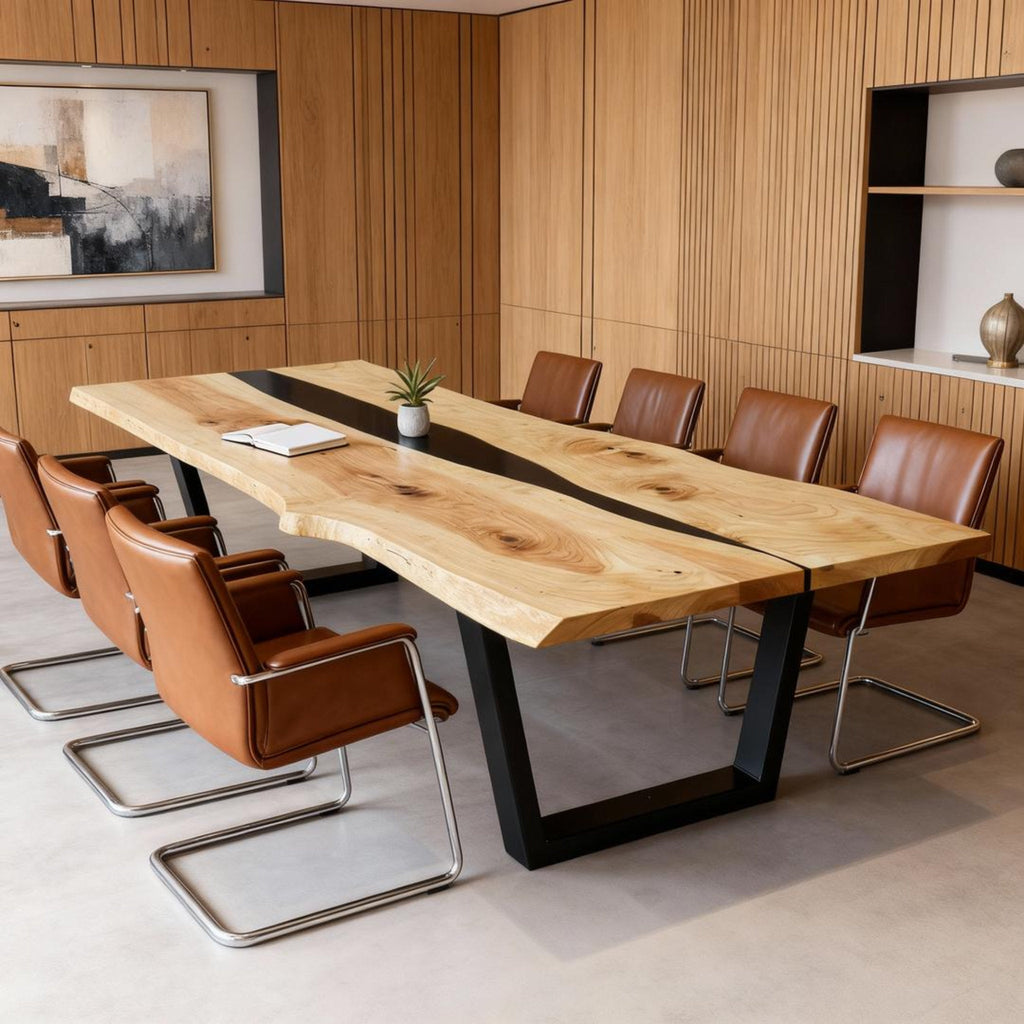 Table rivière sur mesure en bois de peuplier et résine époxy, noir onyx NRX-384