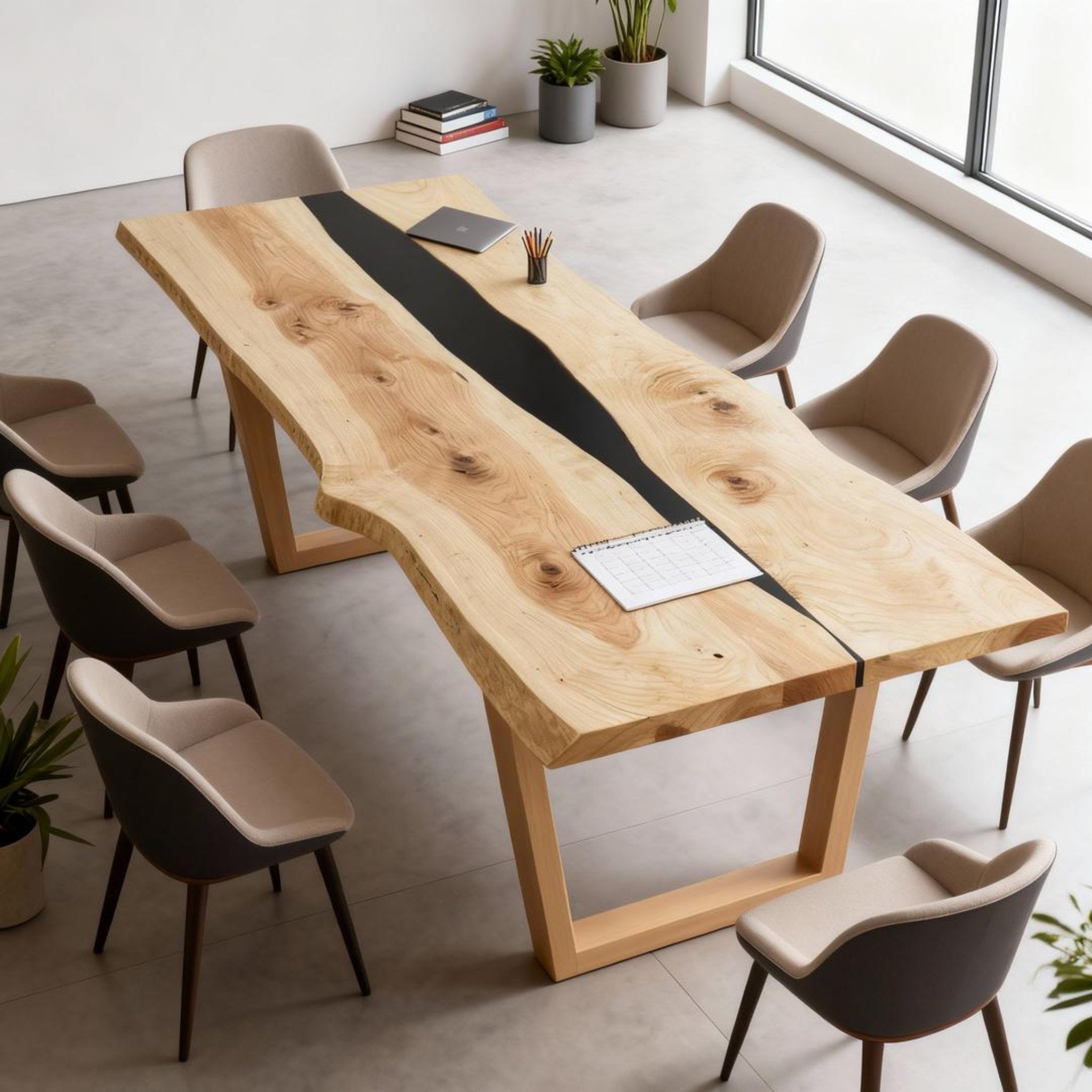 Table rivière sur mesure en bois de peuplier et résine époxy, noir onyx NRX-384