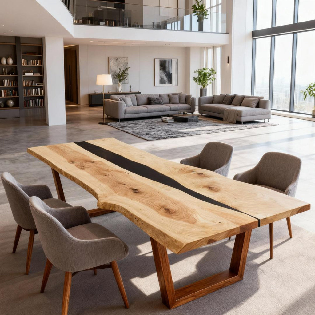 Table rivière sur mesure en bois de peuplier et résine époxy, noir onyx NRX-384