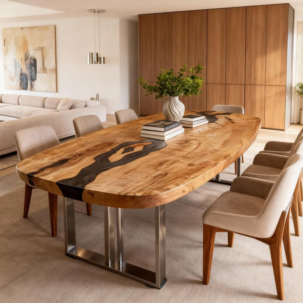 Custom Poplar Wood Epoxy Resin River Table Onyx Black Resin GKW-482