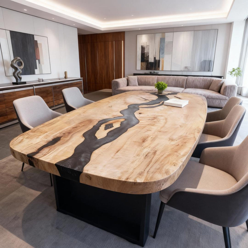 Custom Poplar Wood Epoxy Resin River Table Onyx Black Resin GKW-482