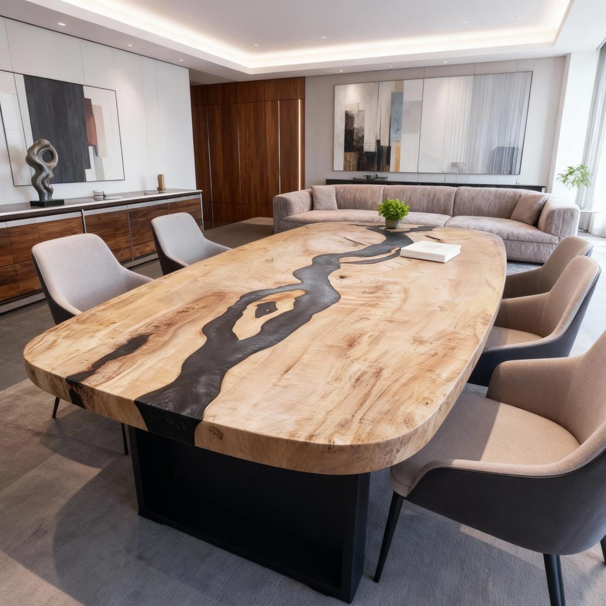 Table rivière sur mesure en bois de peuplier et résine époxy, résine noire onyx GKW-482