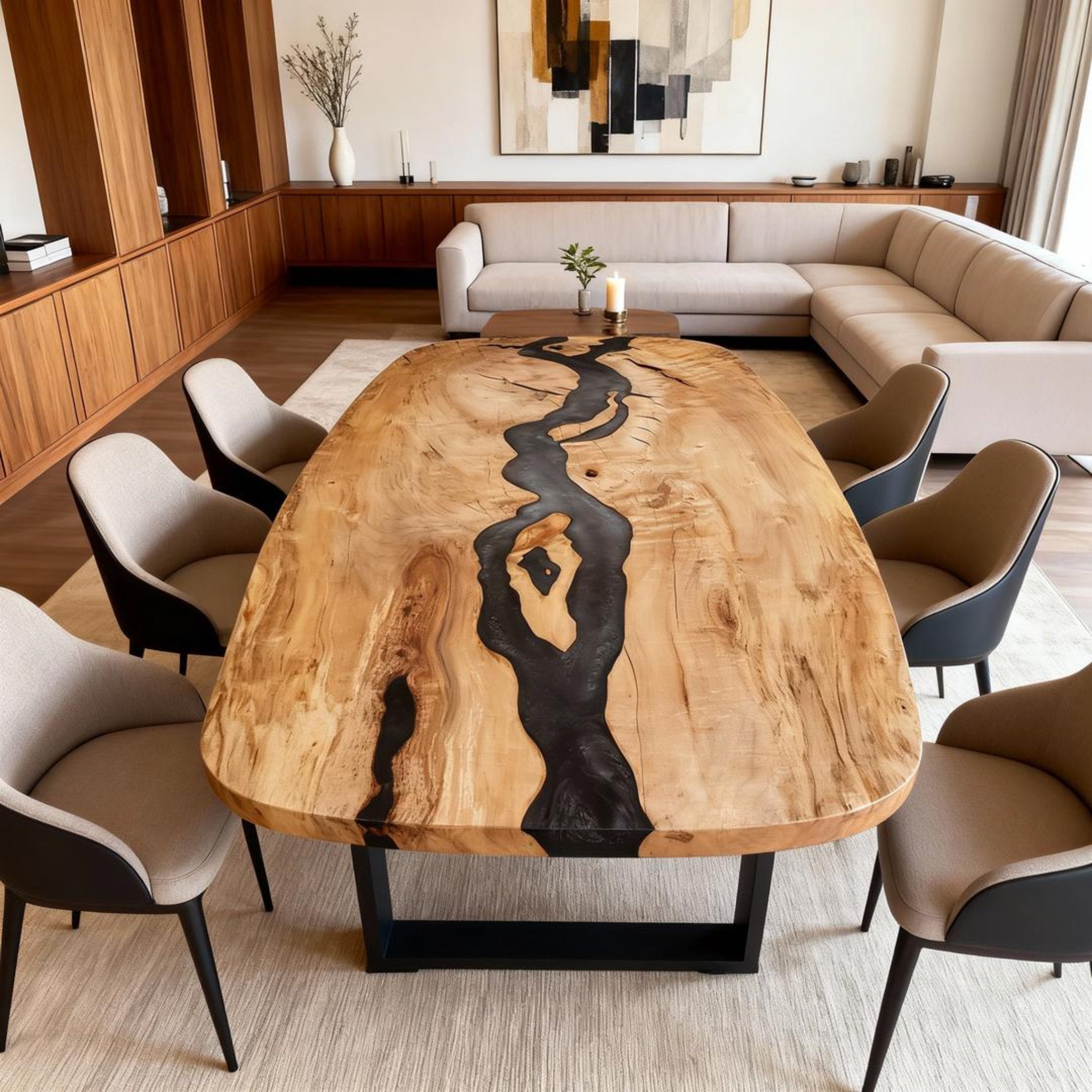 Table rivière sur mesure en bois de peuplier et résine époxy, résine noire onyx GKW-482