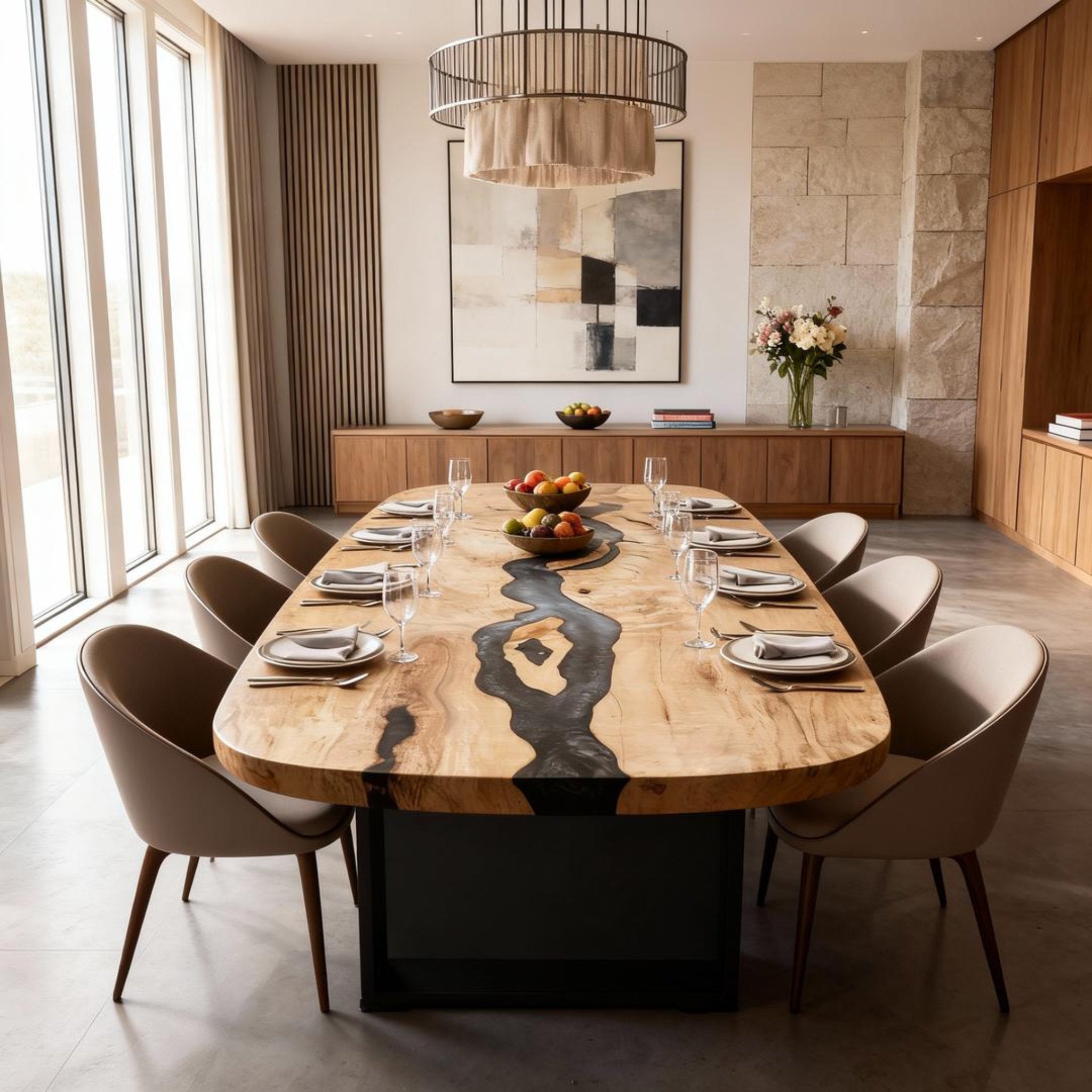 Table rivière sur mesure en bois de peuplier et résine époxy, résine noire onyx GKW-482