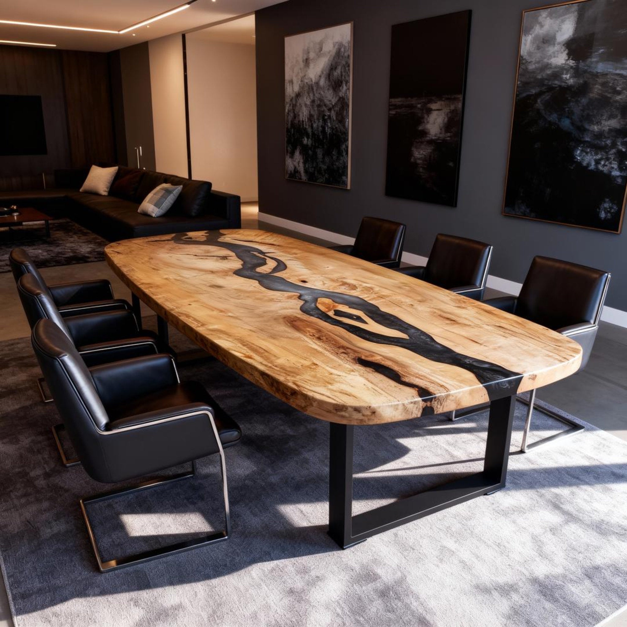 Table rivière sur mesure en bois de peuplier et résine époxy, résine noire onyx GKW-482