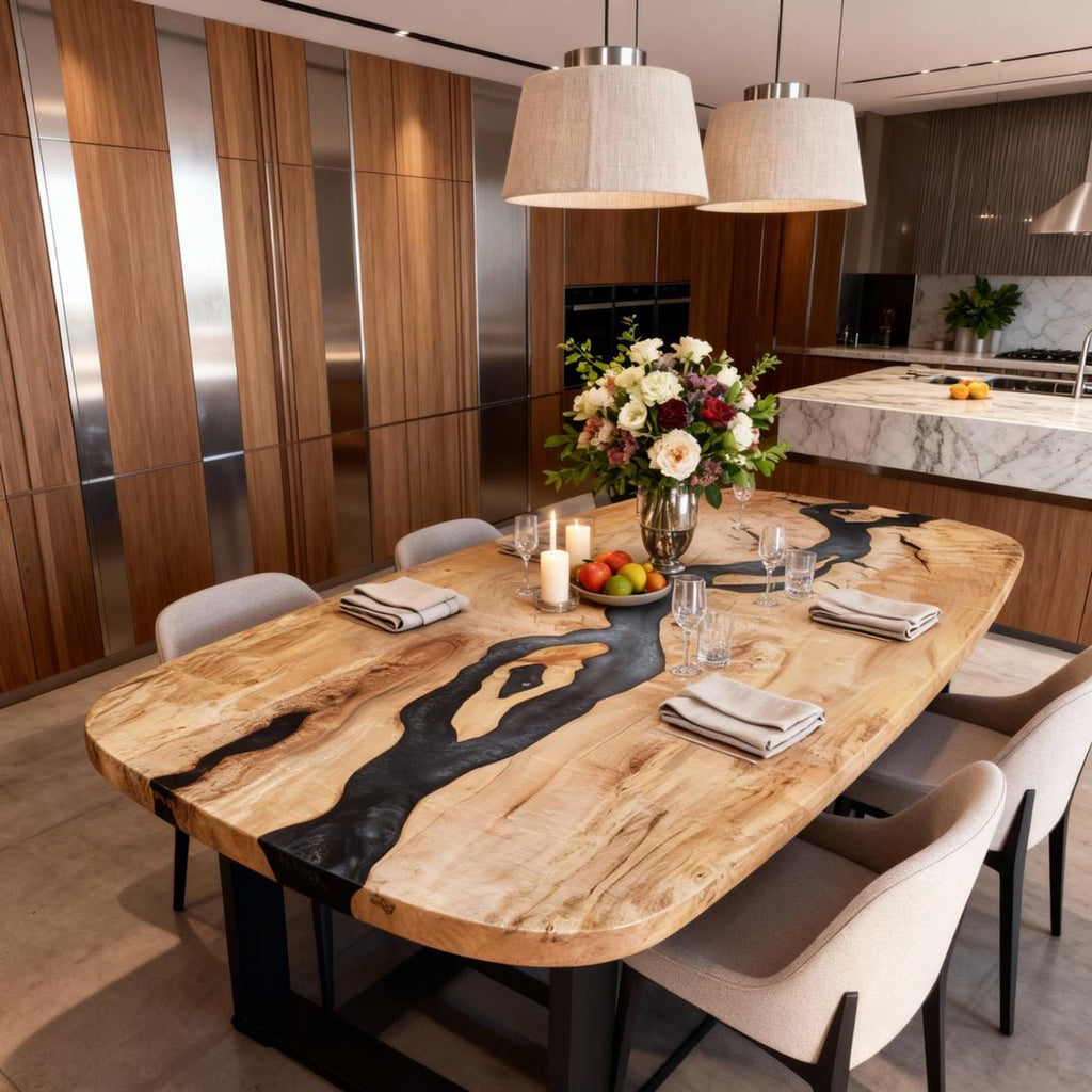 Custom Poplar Wood Epoxy Resin River Table Onyx Black Resin GKW-482