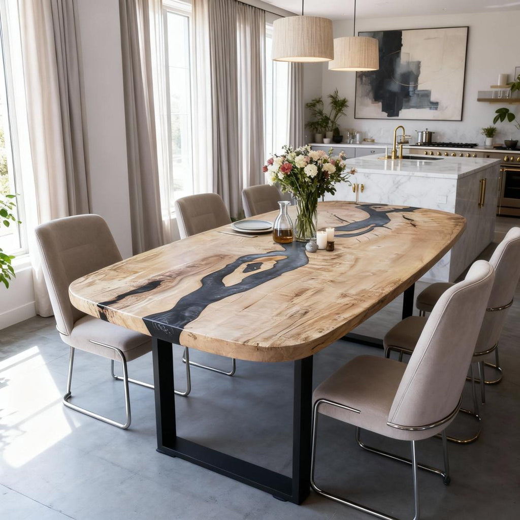 Custom Poplar Wood Epoxy Resin River Table Onyx Black Resin GKW-482