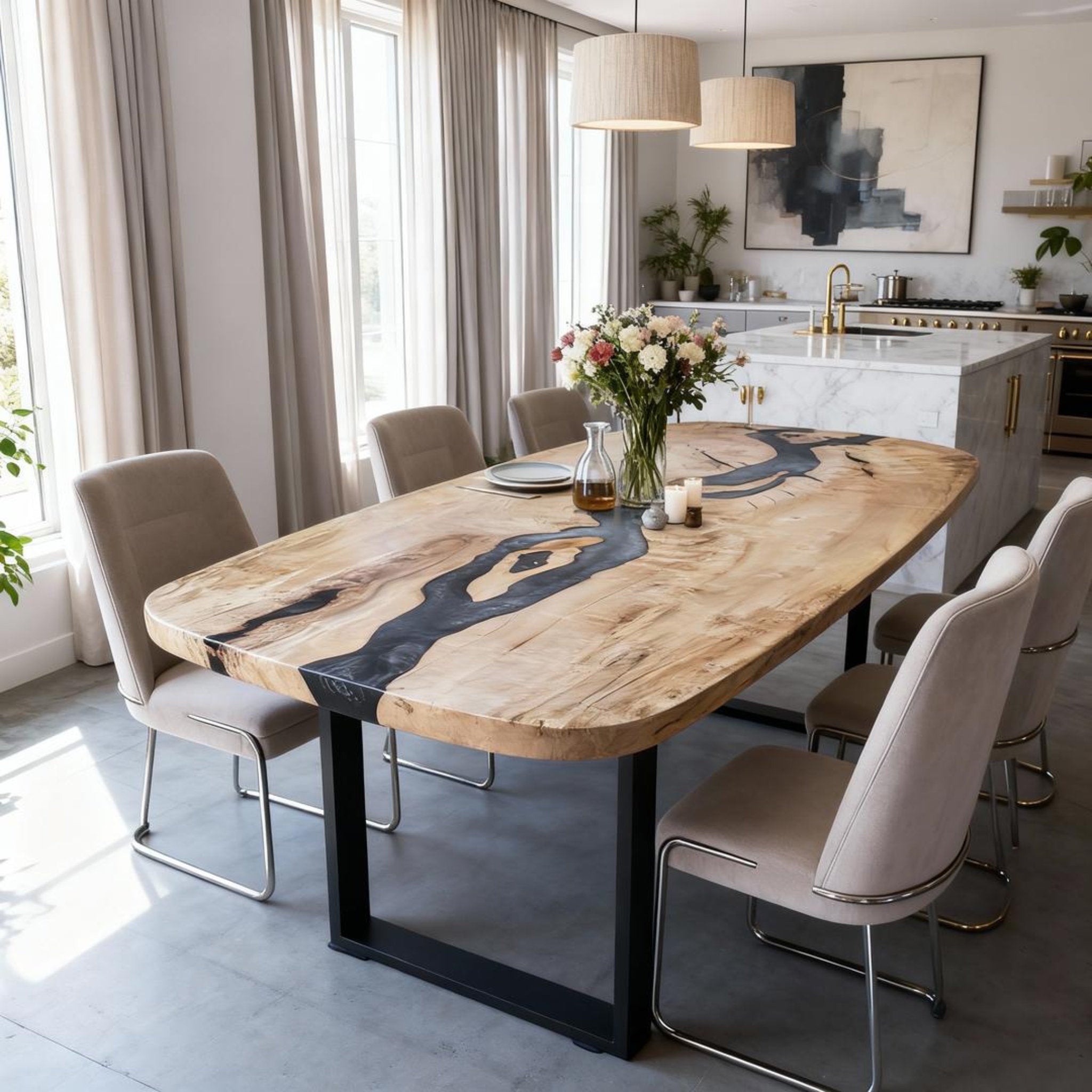 Custom Poplar Wood Epoxy Resin River Table Onyx Black Resin GKW-482