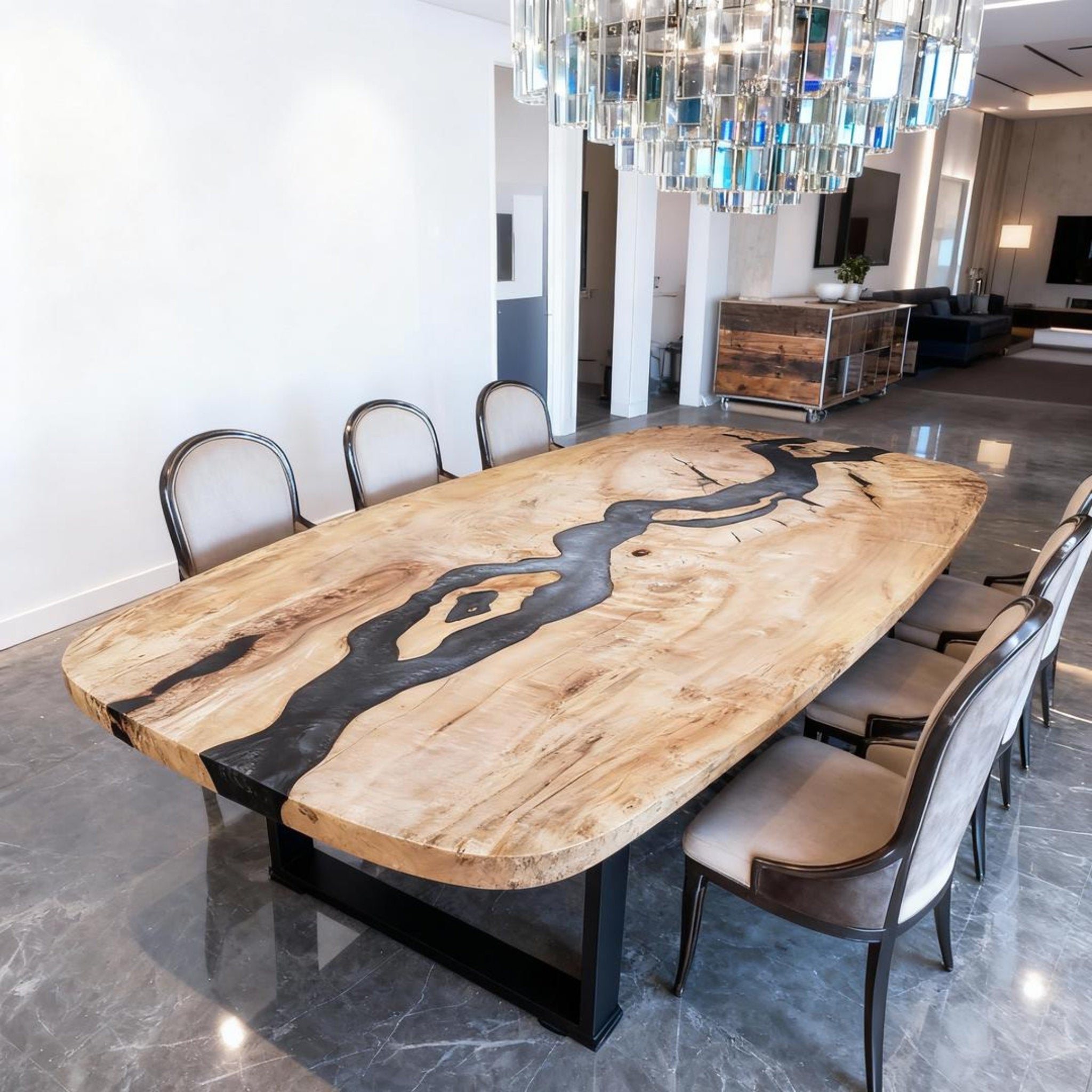 Custom Poplar Wood Epoxy Resin River Table Onyx Black Resin GKW-482