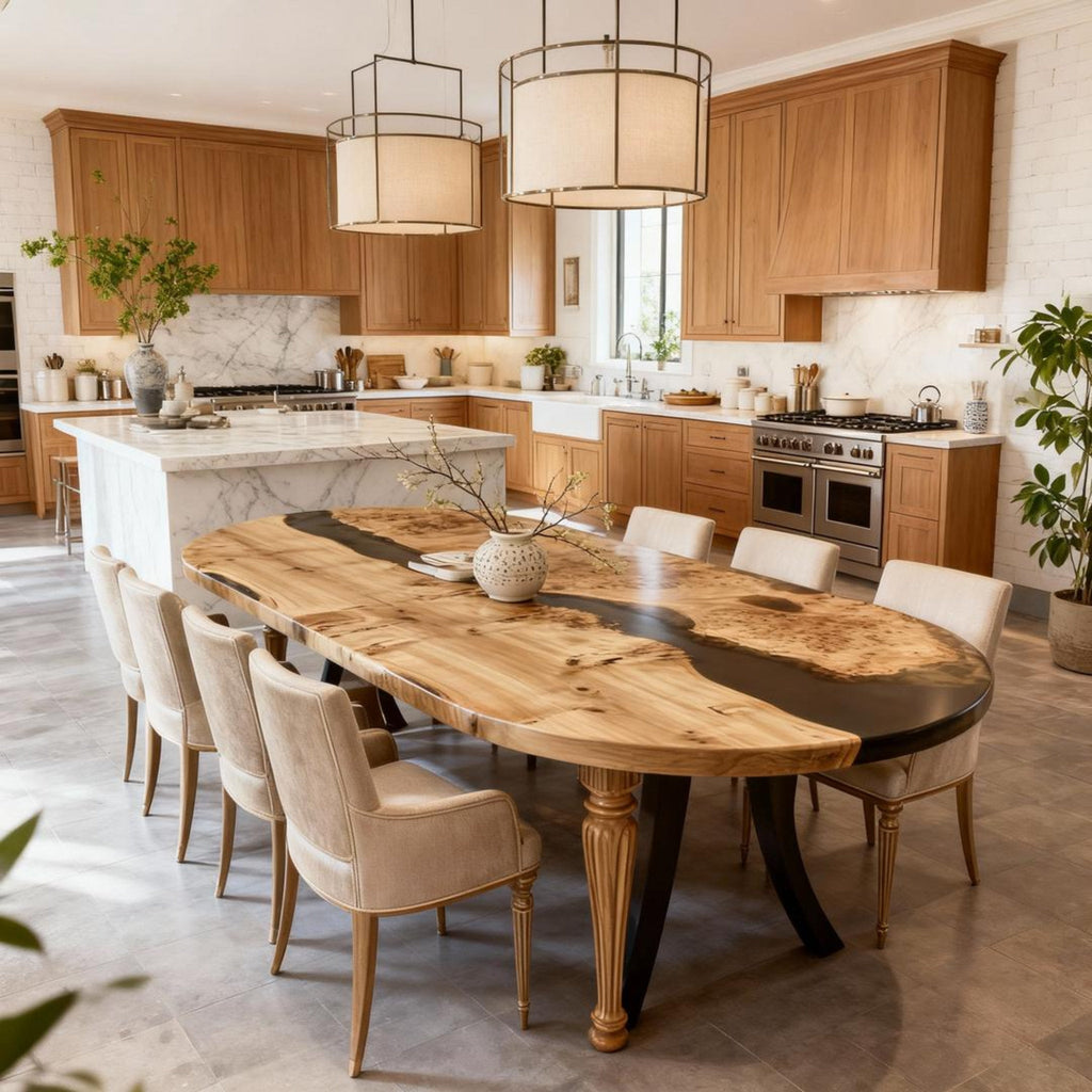 Table rivière sur mesure en bois de peuplier et résine époxy, résine noire onyx VQH-472