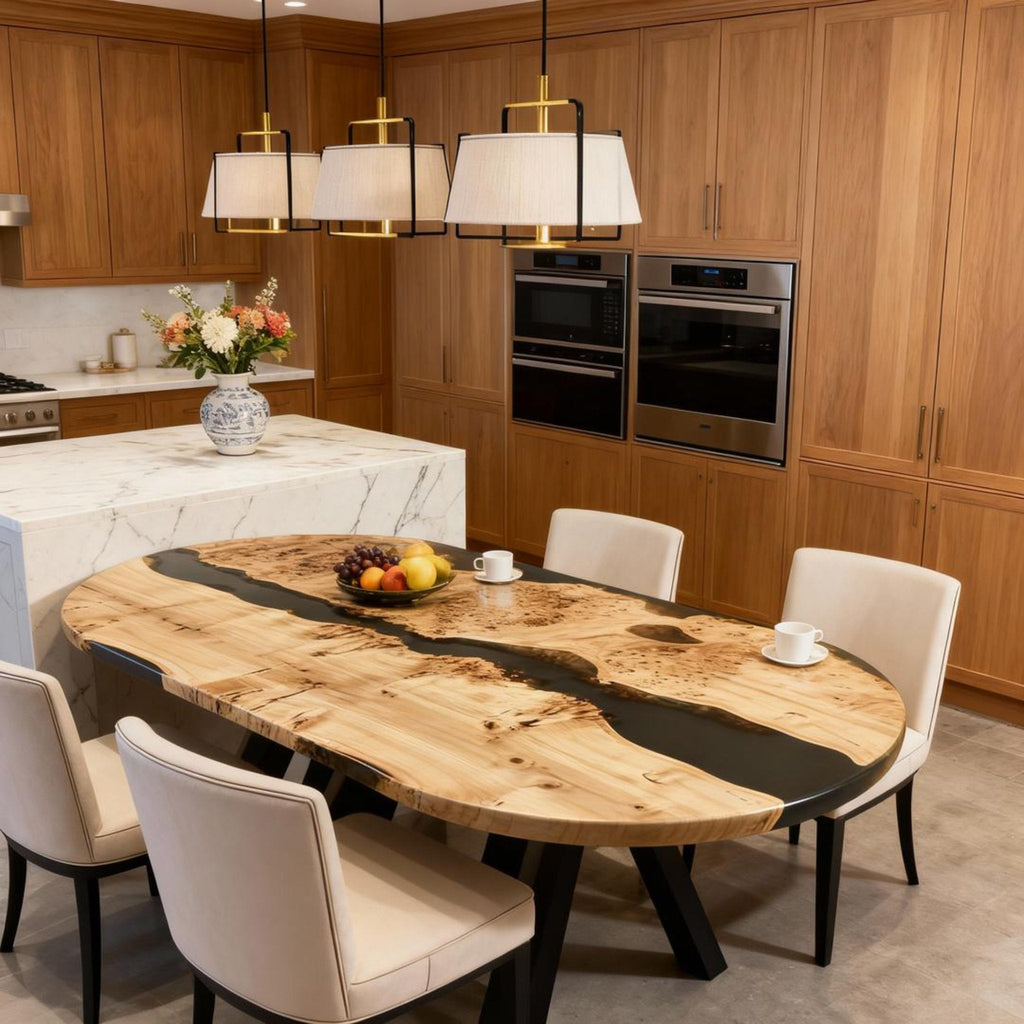 Table rivière sur mesure en bois de peuplier et résine époxy, résine noire onyx VQH-472