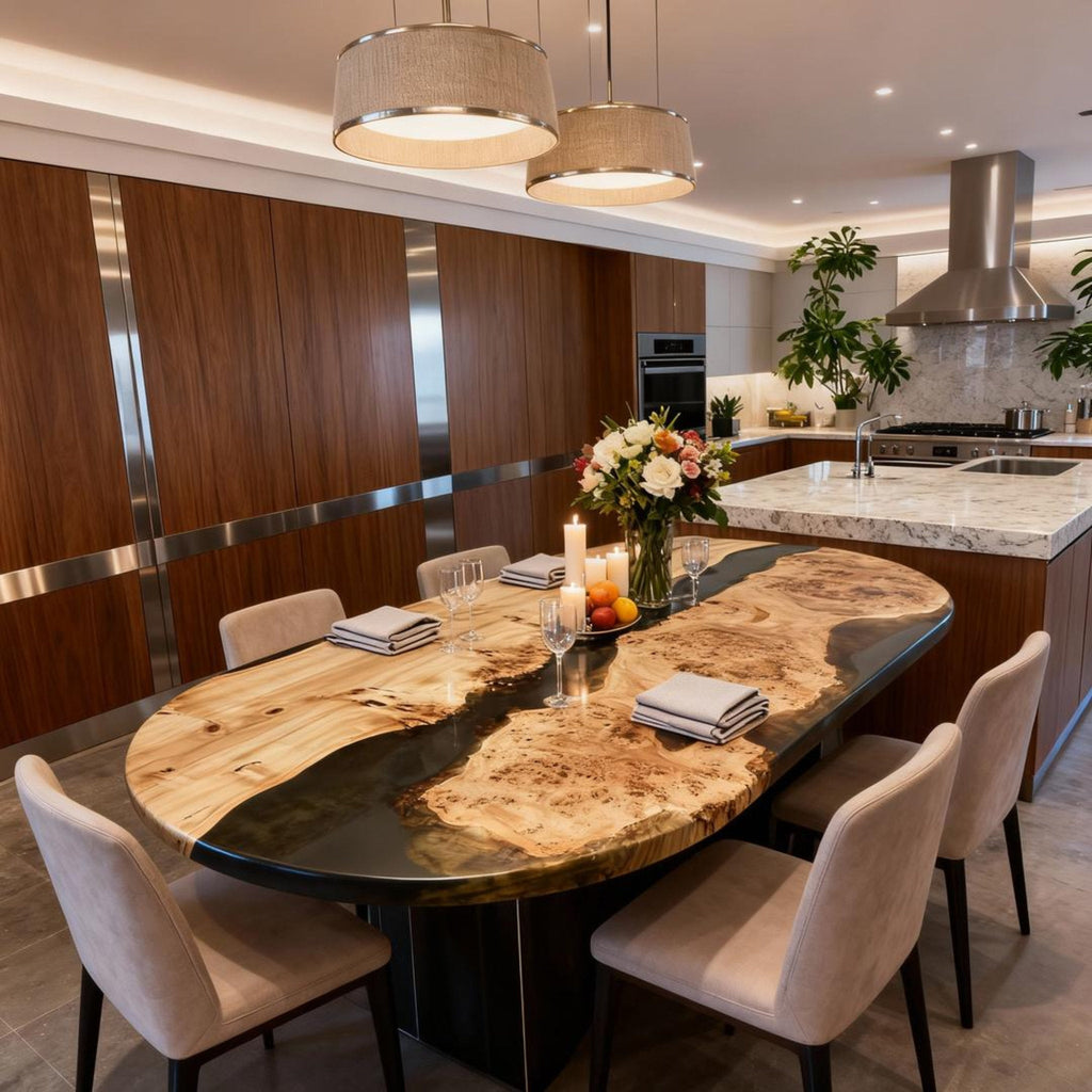 Table rivière sur mesure en bois de peuplier et résine époxy, résine noire onyx VQH-472