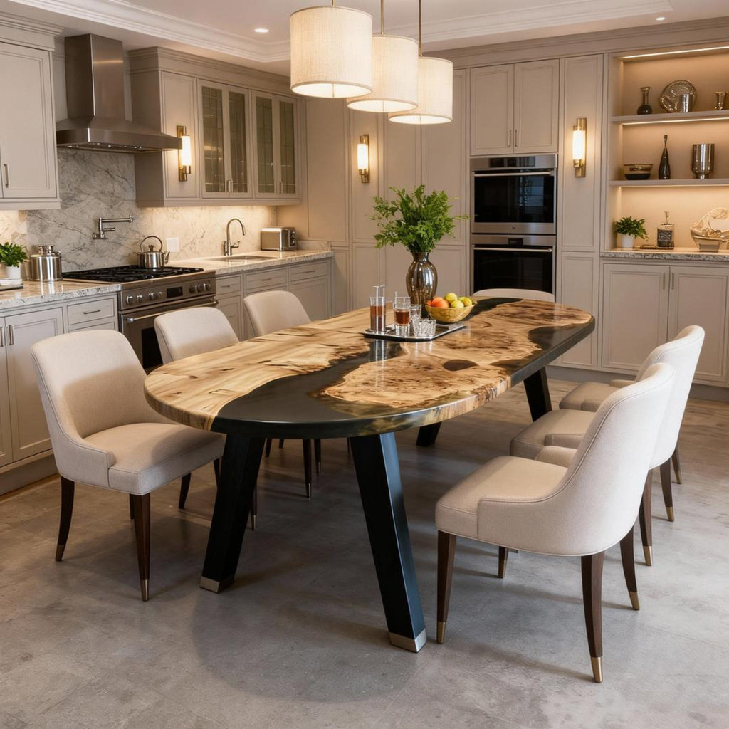 Table rivière sur mesure en bois de peuplier et résine époxy, résine noire onyx VQH-472