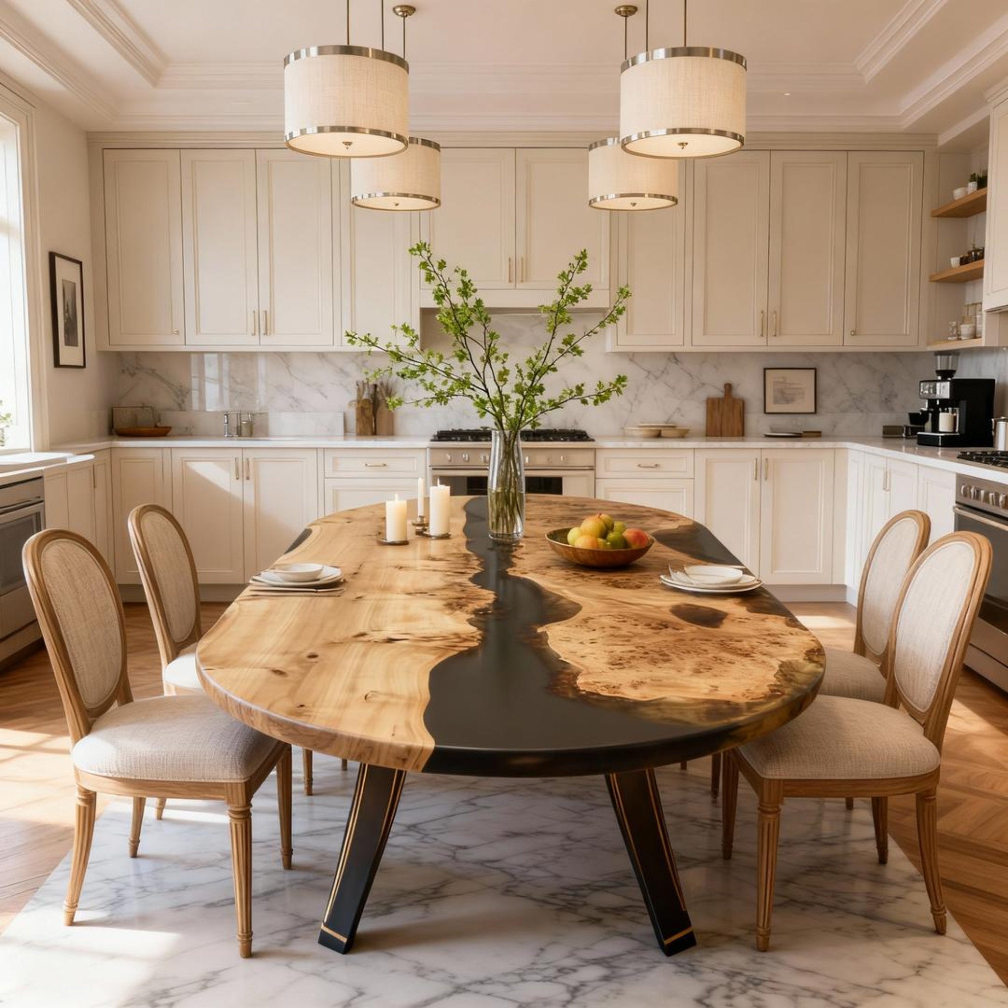 Table rivière sur mesure en bois de peuplier et résine époxy, résine noire onyx VQH-472