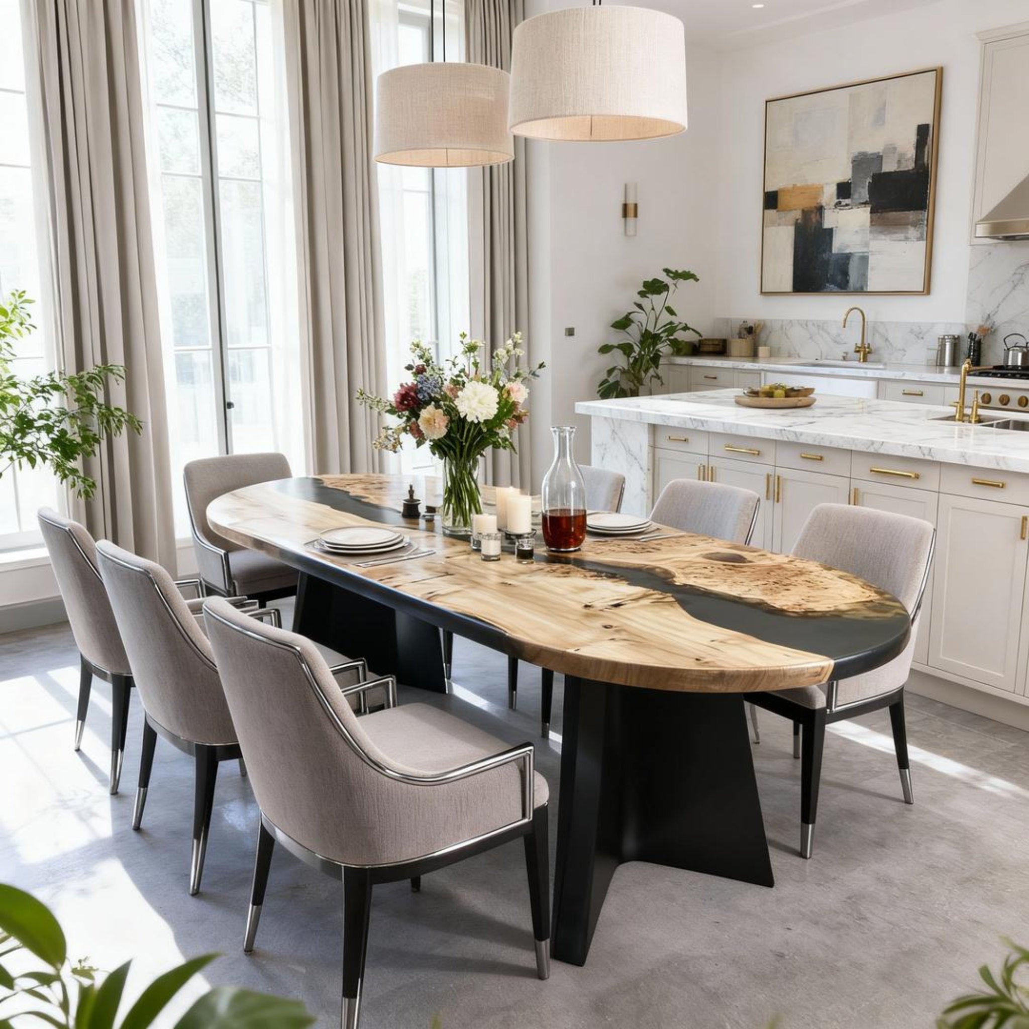 Table rivière sur mesure en bois de peuplier et résine époxy, résine noire onyx VQH-472