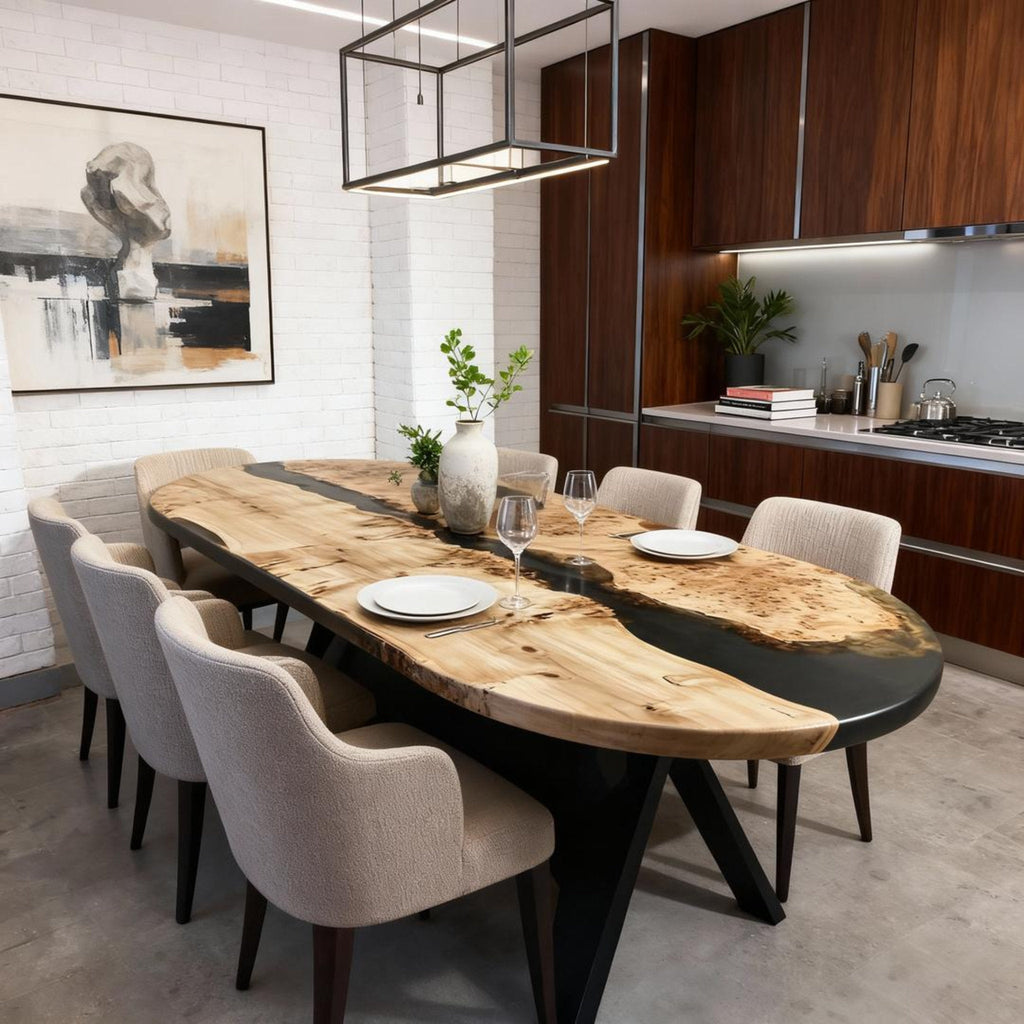 Table rivière sur mesure en bois de peuplier et résine époxy, résine noire onyx VQH-472