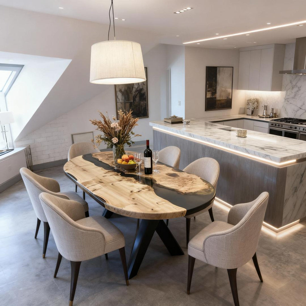 Table rivière sur mesure en bois de peuplier et résine époxy, résine noire onyx VQH-472