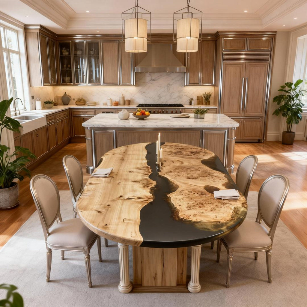 Table rivière sur mesure en bois de peuplier et résine époxy, résine noire onyx VQH-472