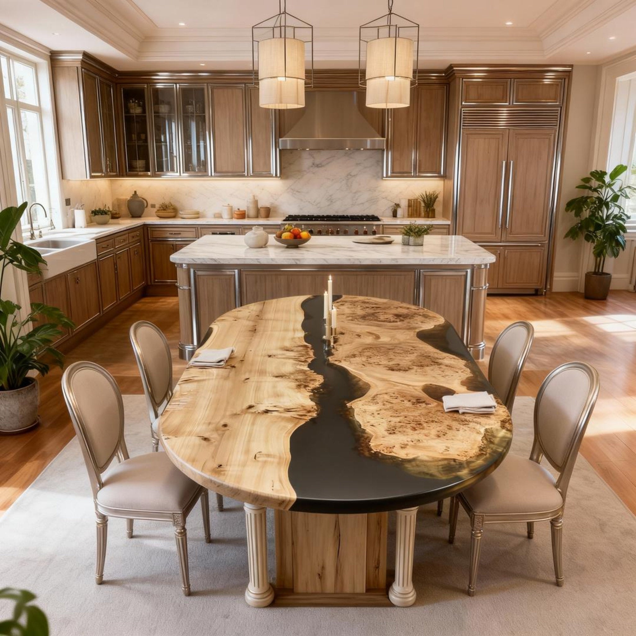 Table rivière sur mesure en bois de peuplier et résine époxy, résine noire onyx VQH-472