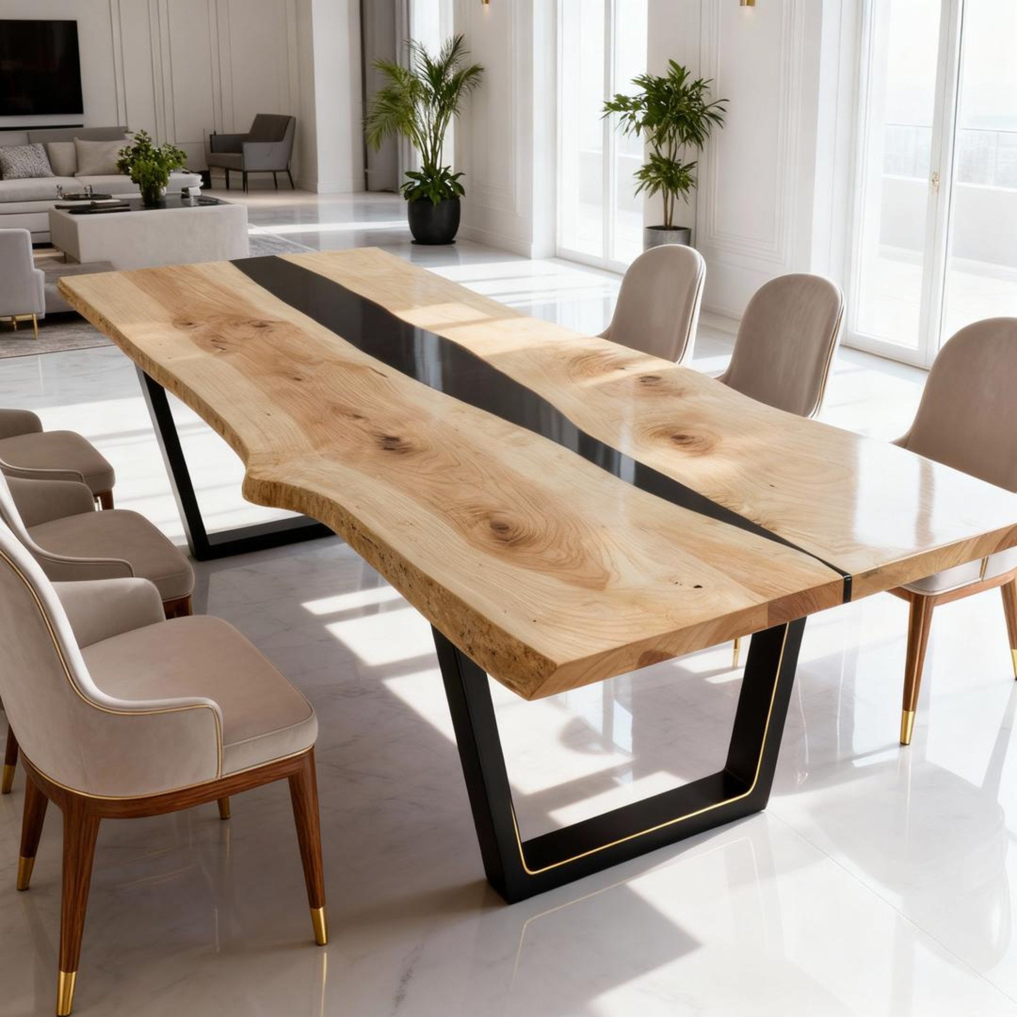 Table rivière sur mesure en bois de peuplier et résine époxy, noir onyx VHQ-682