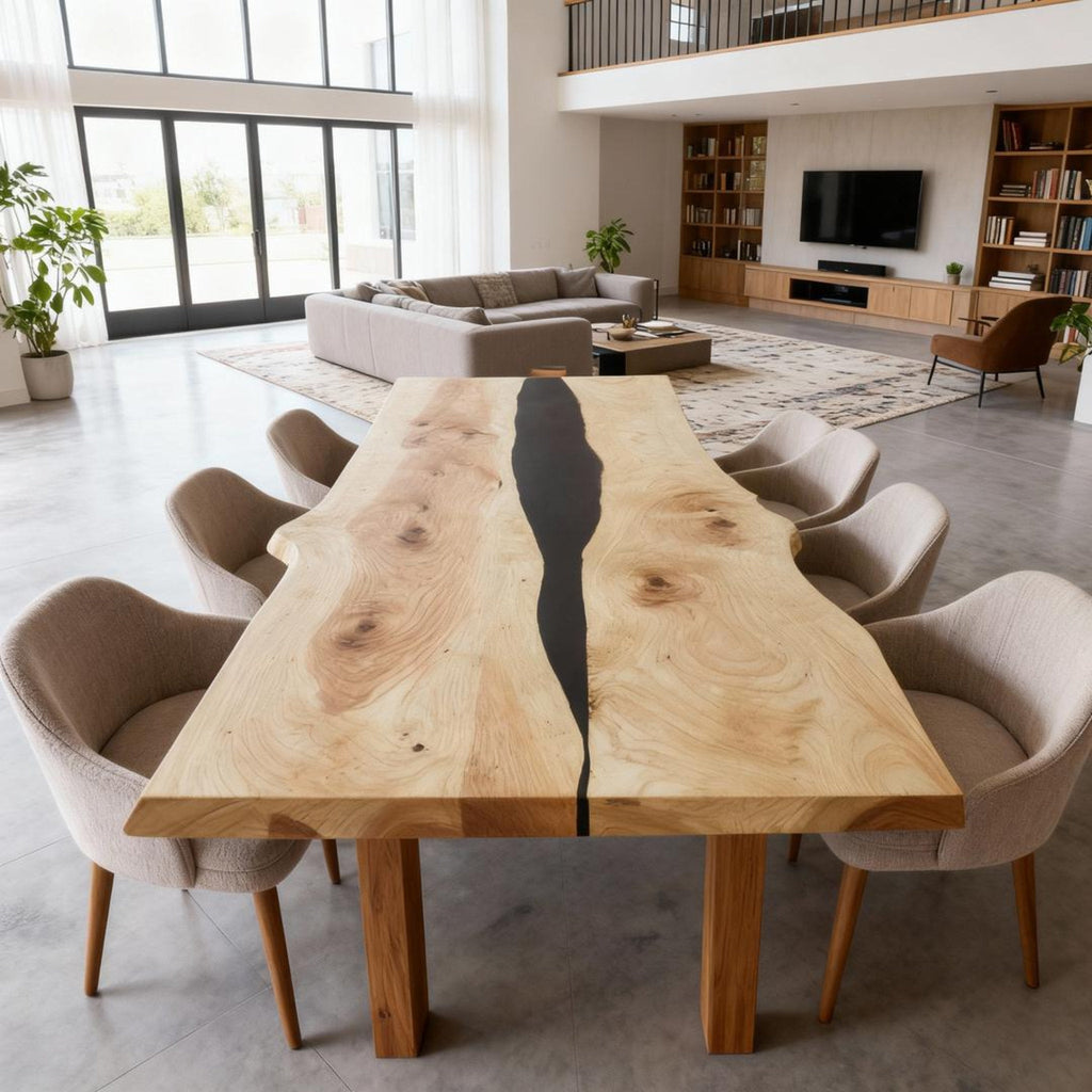 Table rivière sur mesure en bois de peuplier et résine époxy, noir onyx VHQ-682