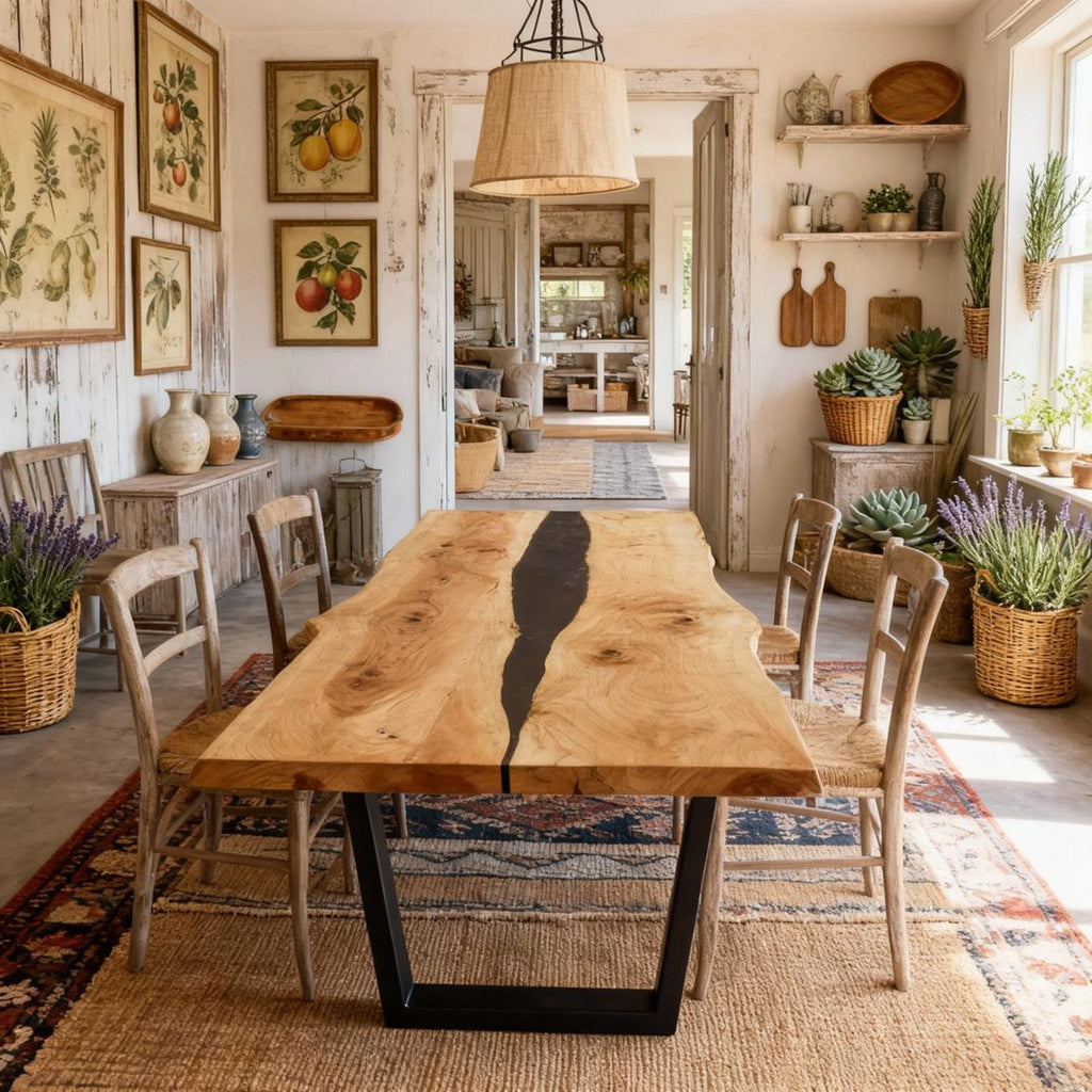 Table rivière sur mesure en bois de peuplier et résine époxy, noir onyx VHQ-682