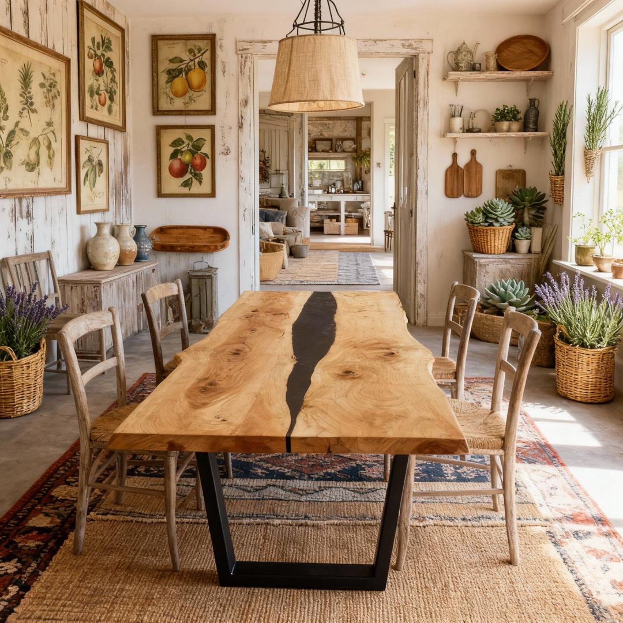 Table rivière sur mesure en bois de peuplier et résine époxy, noir onyx VHQ-682