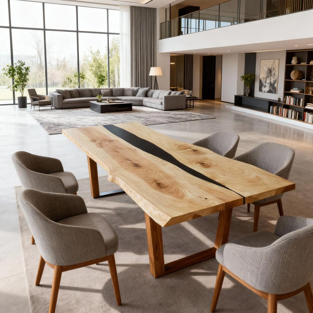 Table rivière sur mesure en bois de peuplier et résine époxy, noir onyx VHQ-682