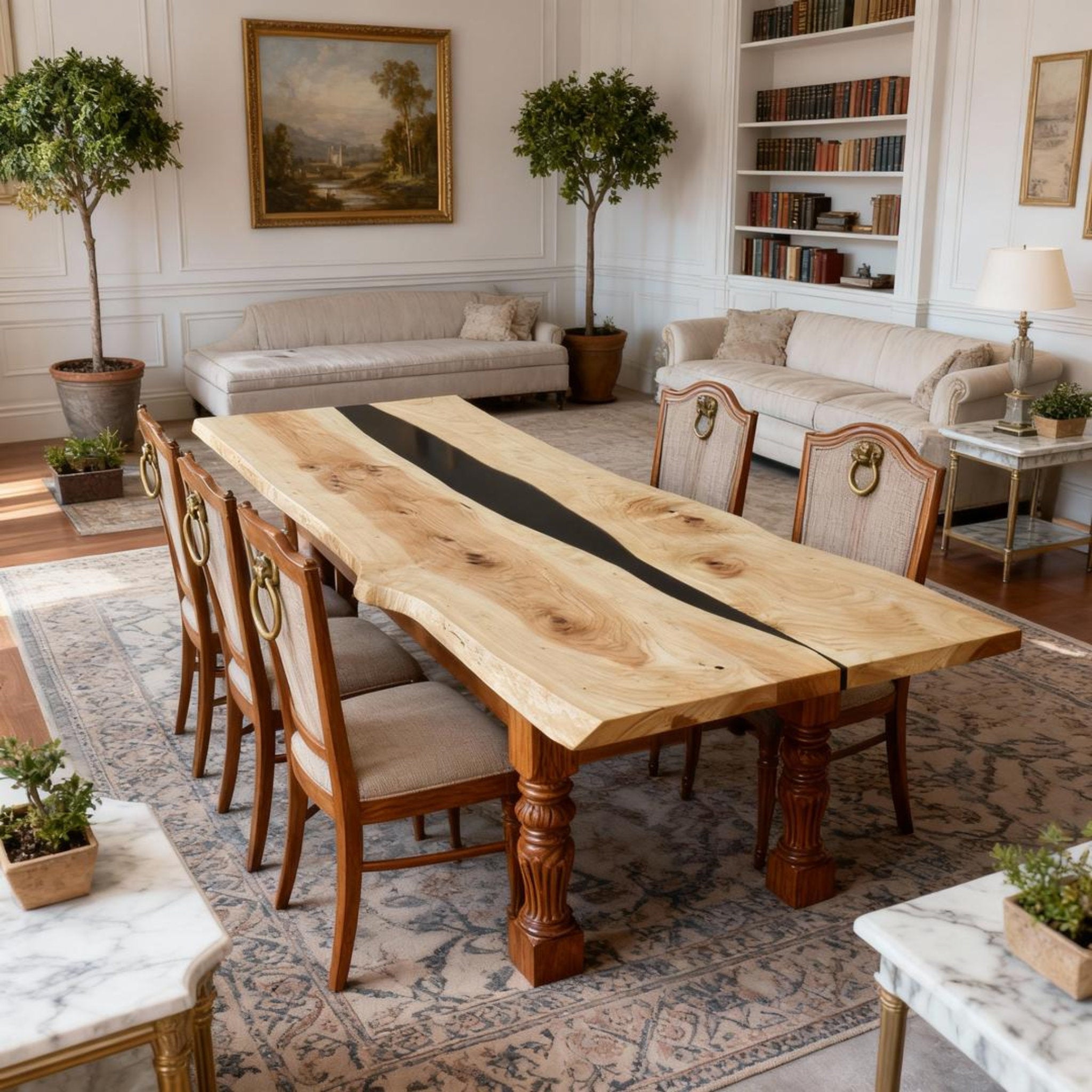 Table rivière sur mesure en bois de peuplier et résine époxy, noir onyx VHQ-682