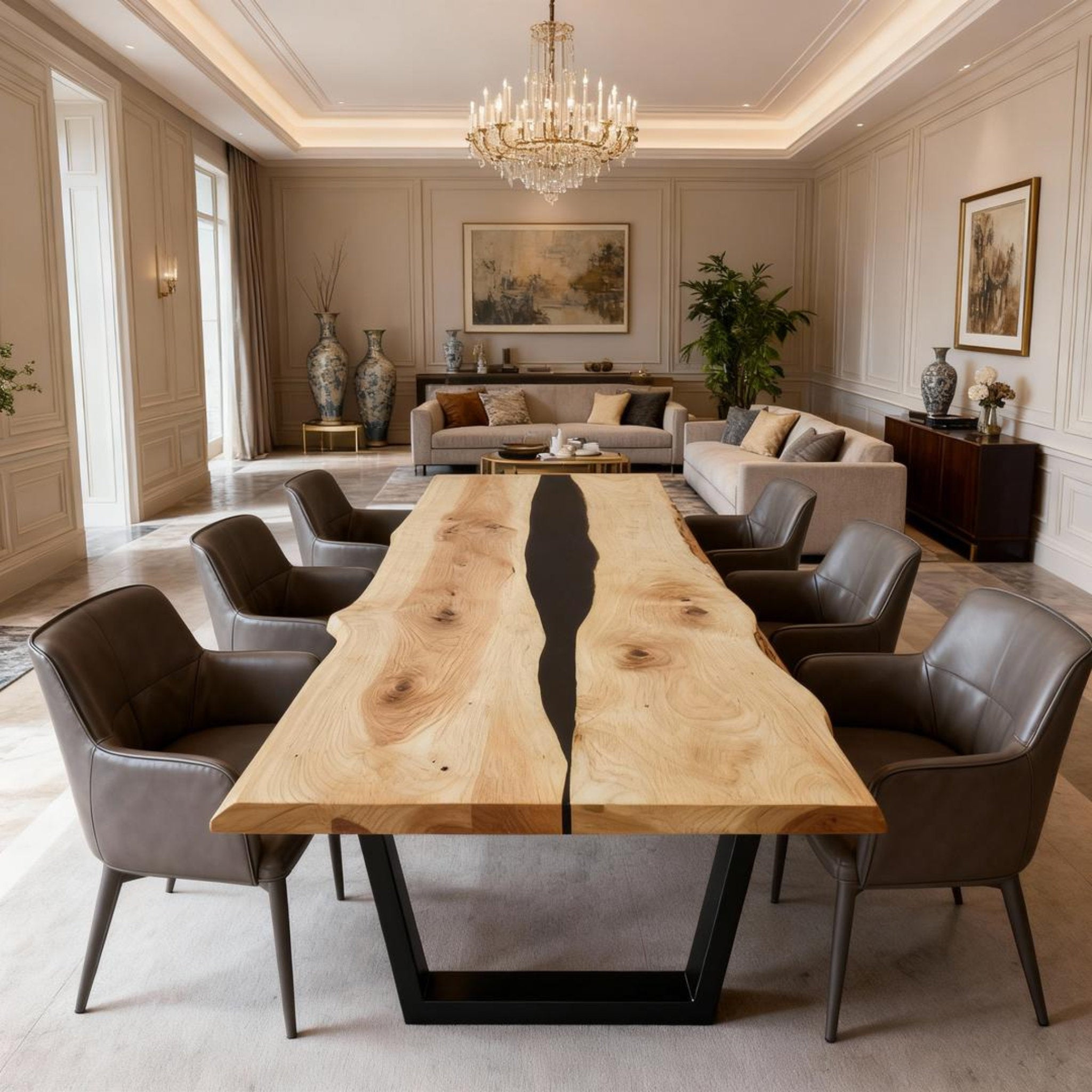 Table rivière sur mesure en bois de peuplier et résine époxy, noir onyx VHQ-682