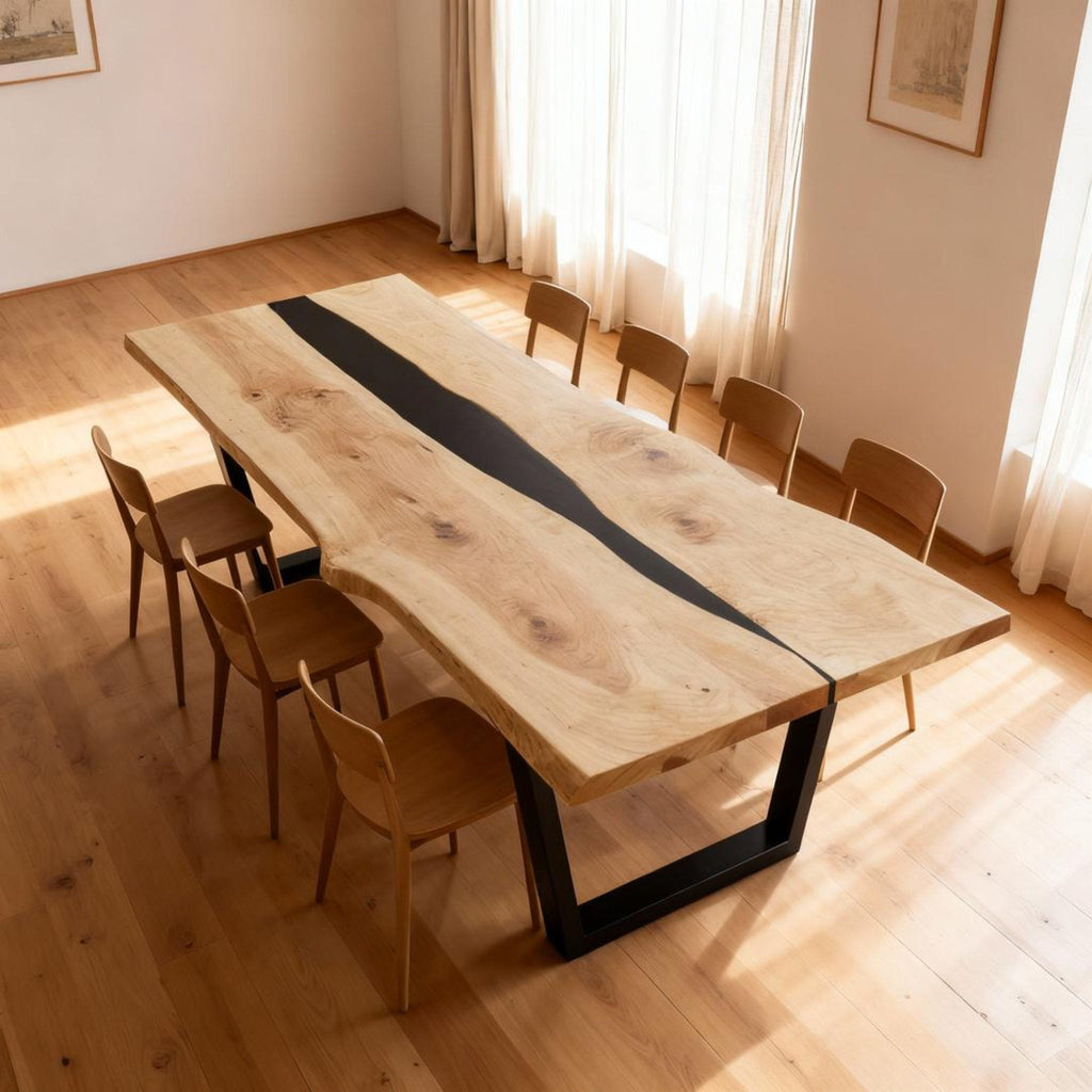 Table rivière sur mesure en bois de peuplier et résine époxy, noir onyx VHQ-682