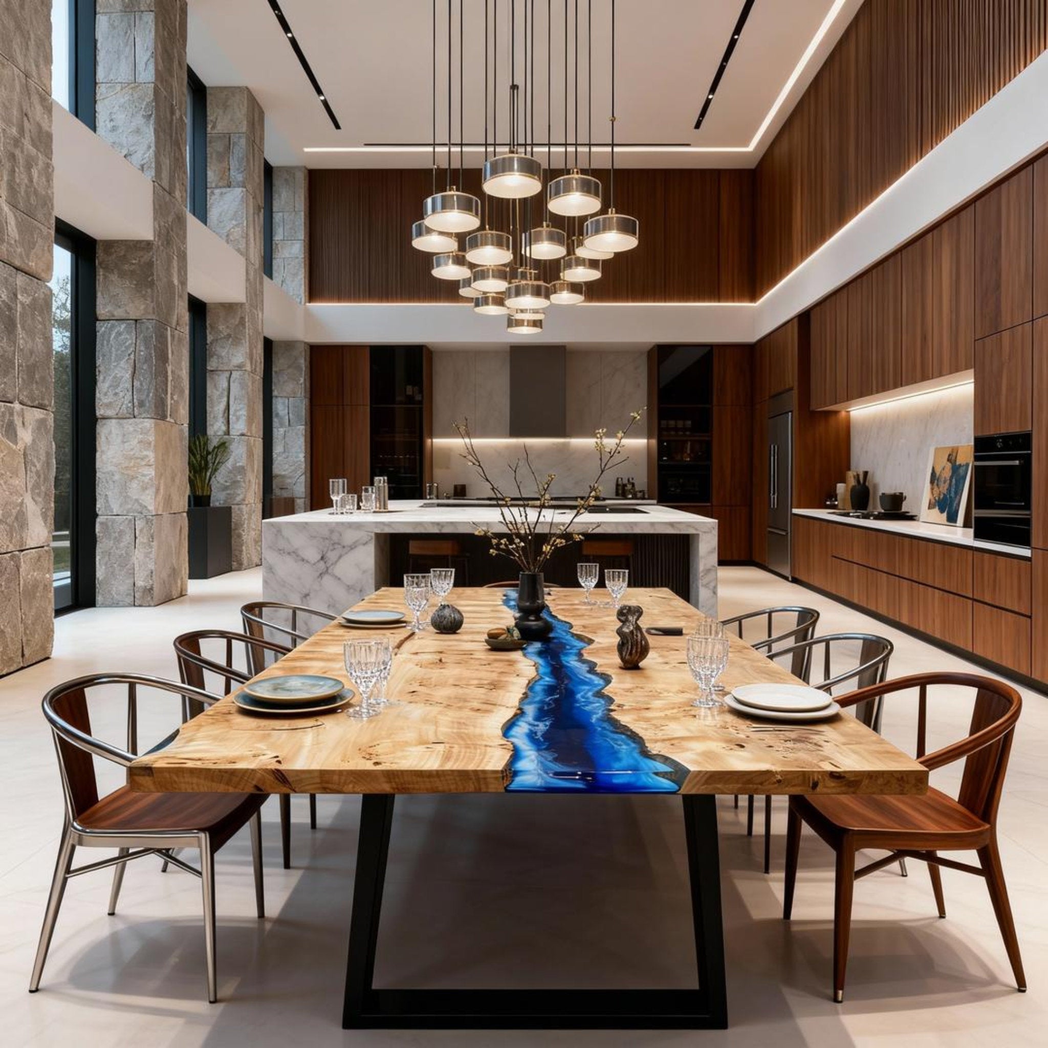 Table rivière sur mesure en bois de peuplier et résine époxy bleu saphir NQF-472