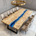 Table rivière sur mesure en bois de peuplier et résine époxy bleu saphir NQF-472
