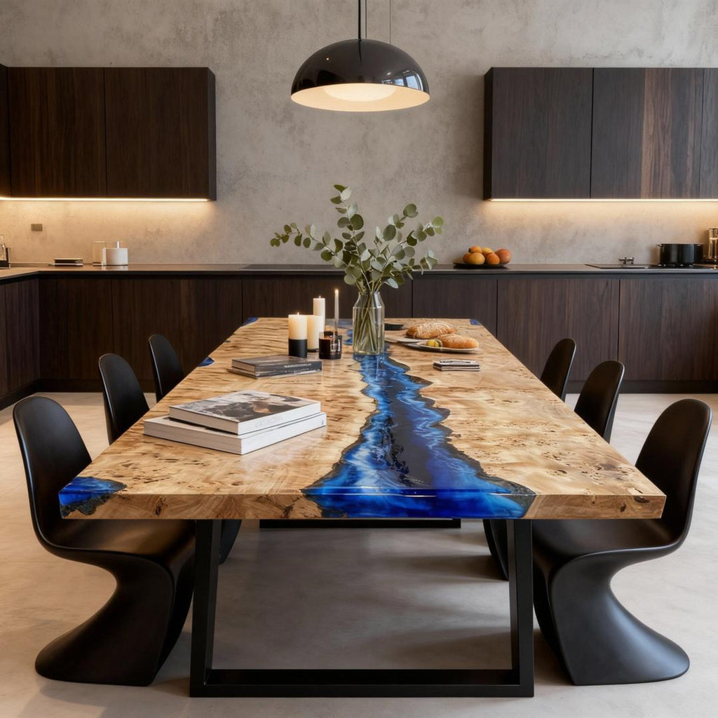 Table rivière sur mesure en bois de peuplier et résine époxy bleu saphir NQF-472