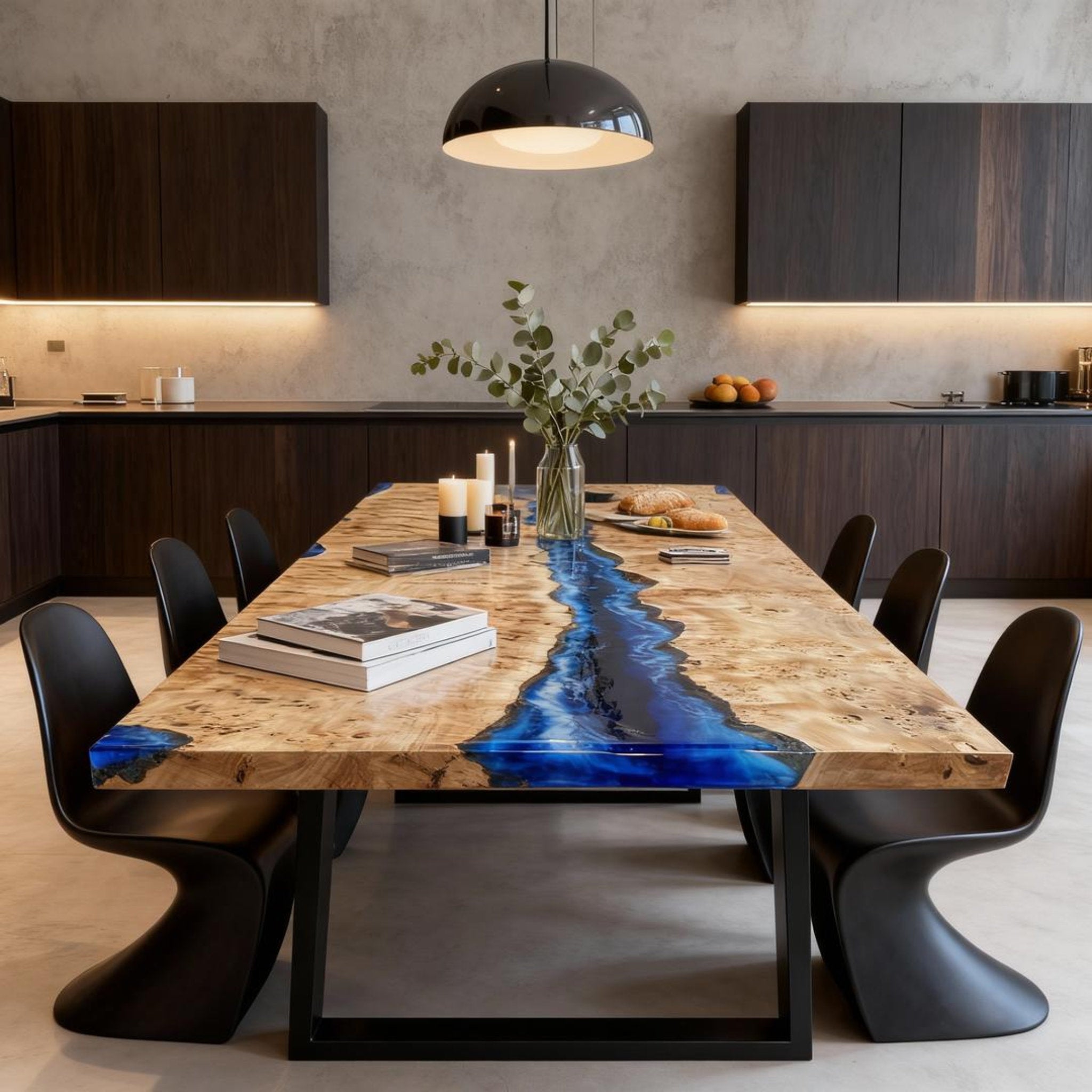 Table rivière sur mesure en bois de peuplier et résine époxy bleu saphir NQF-472