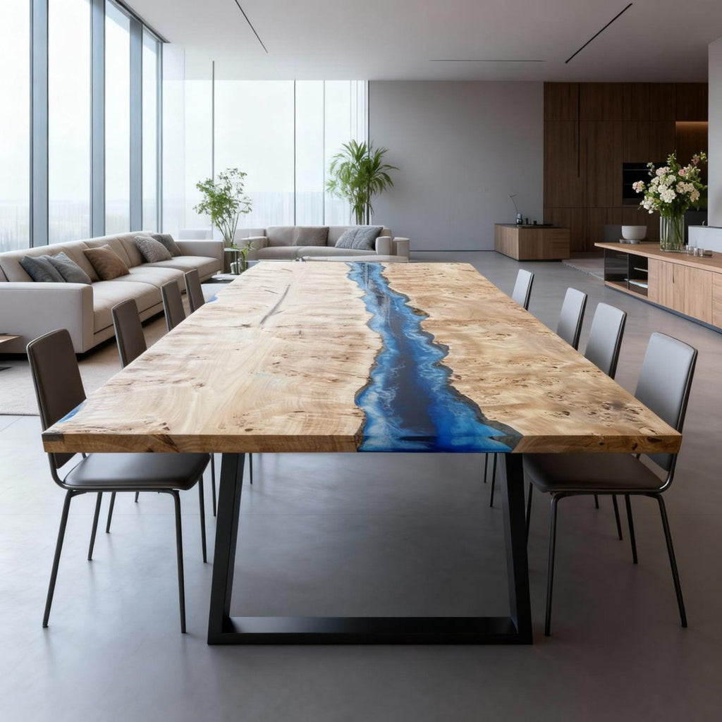 Table rivière sur mesure en bois de peuplier et résine époxy bleu saphir NQF-472
