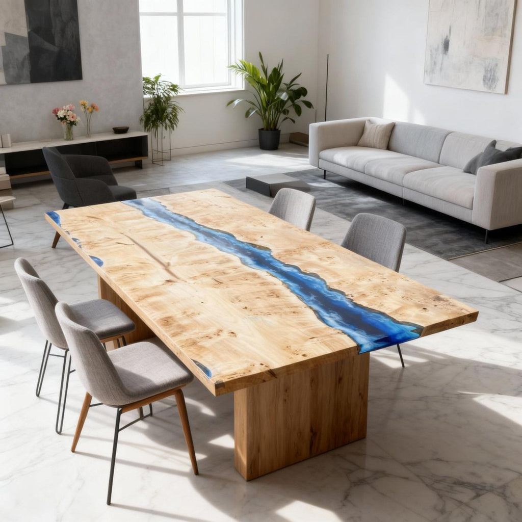 Table rivière sur mesure en bois de peuplier et résine époxy bleu saphir NQF-472