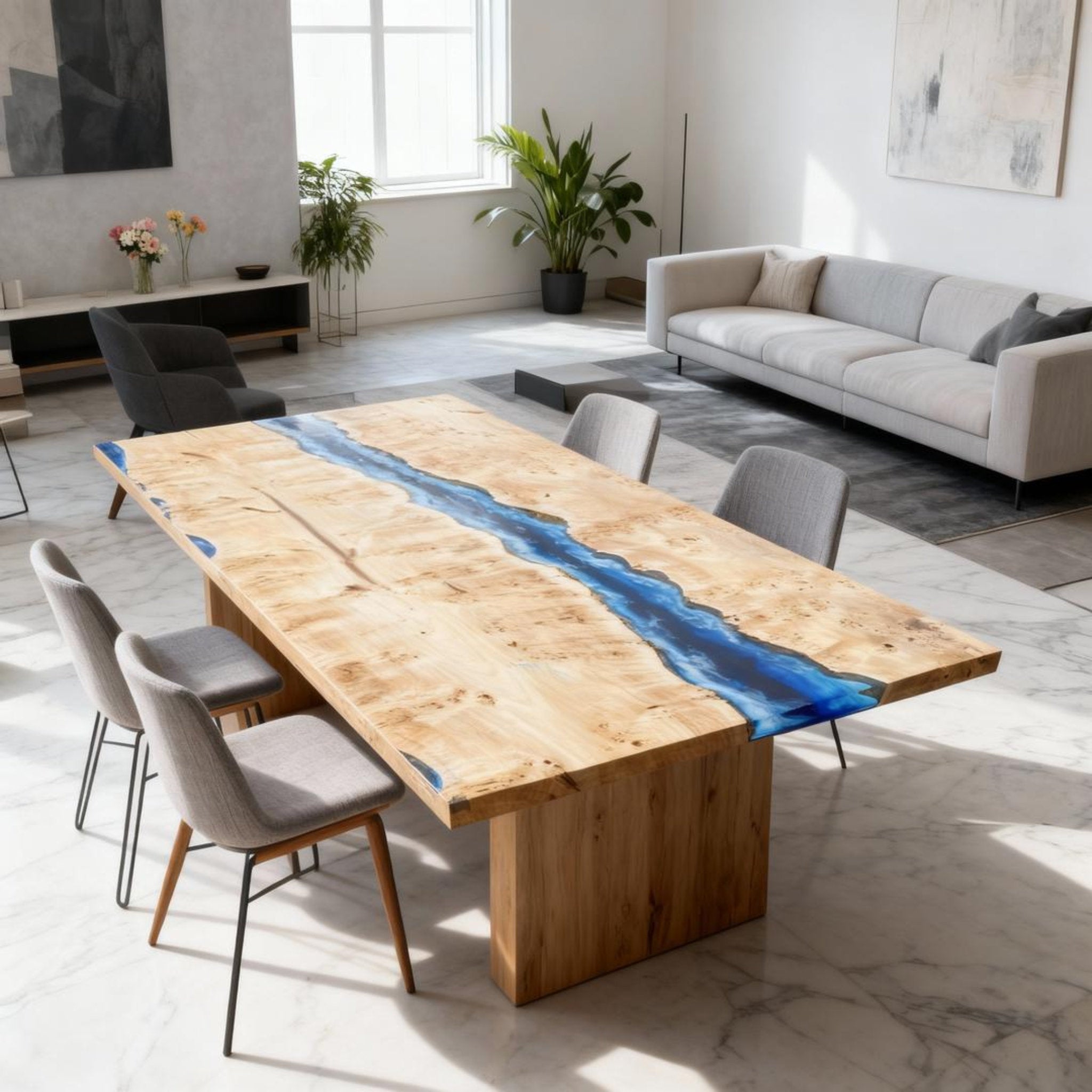 Table rivière sur mesure en bois de peuplier et résine époxy bleu saphir NQF-472