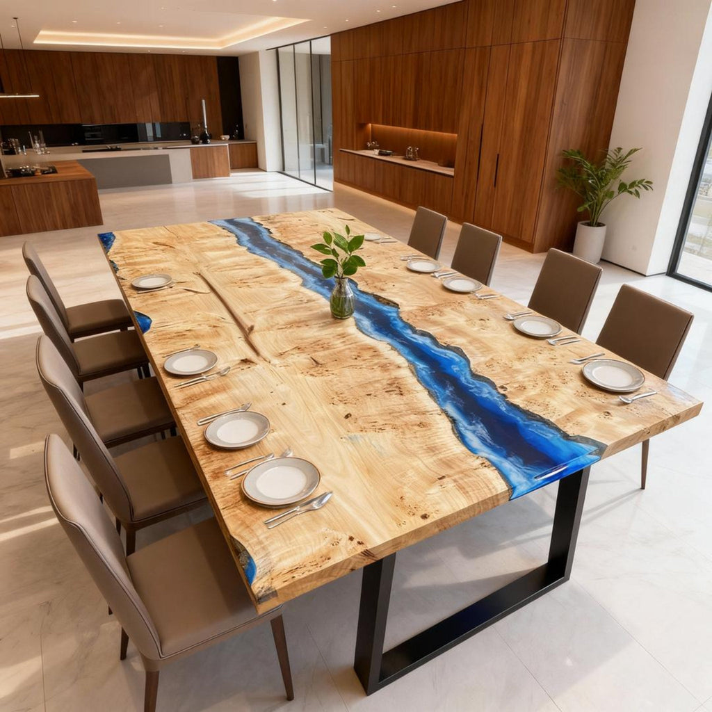 Table rivière sur mesure en bois de peuplier et résine époxy bleu saphir NQF-472