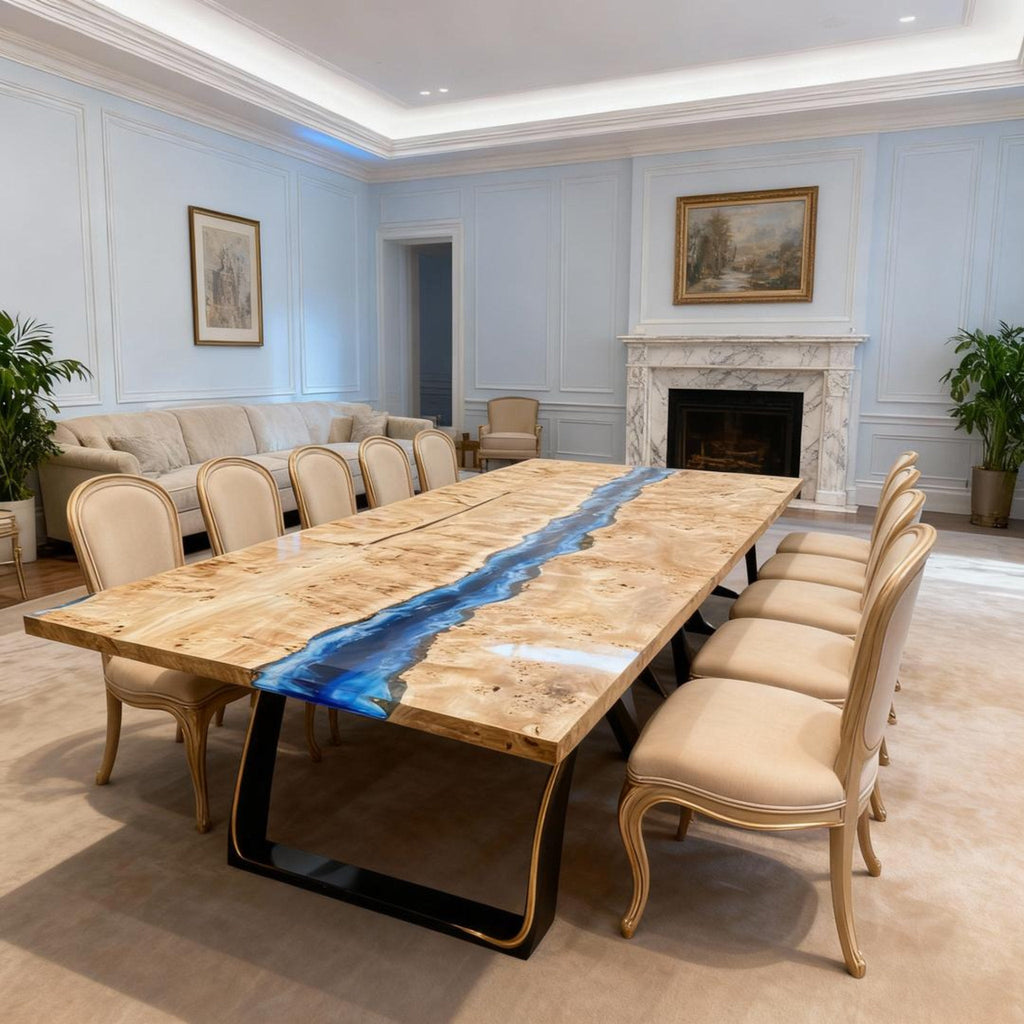 Table rivière sur mesure en bois de peuplier et résine époxy bleu saphir NQF-472