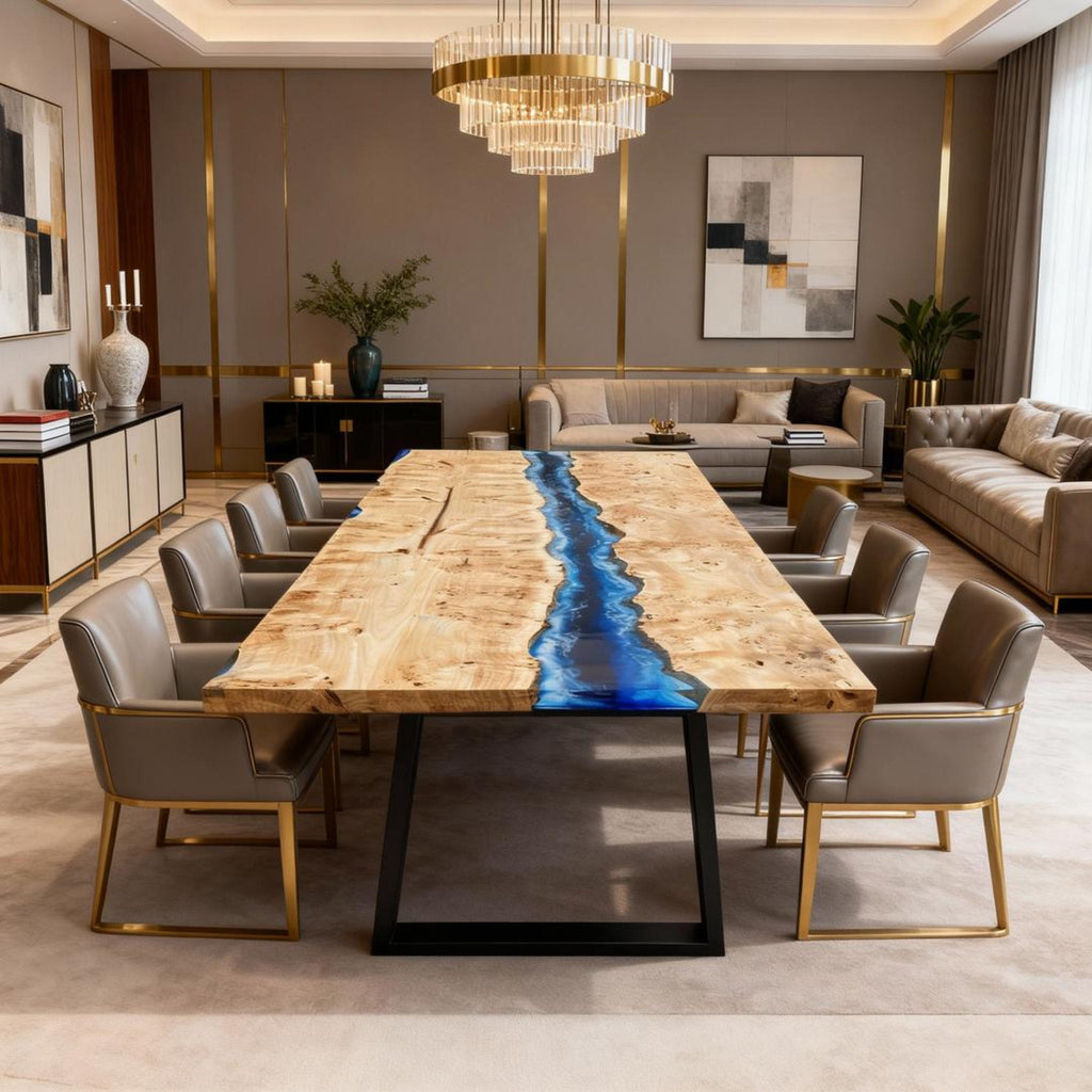 Table rivière sur mesure en bois de peuplier et résine époxy bleu saphir NQF-472