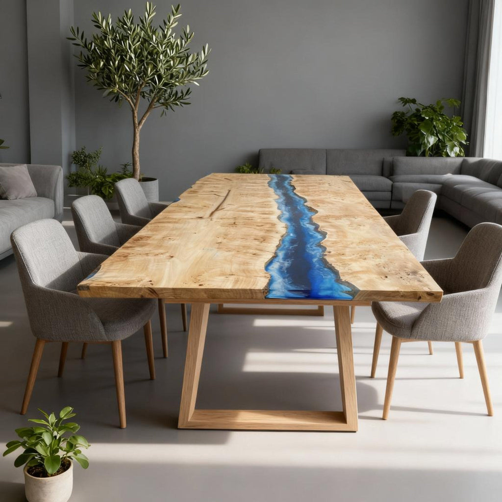 Table rivière sur mesure en bois de peuplier et résine époxy bleu saphir NQF-472