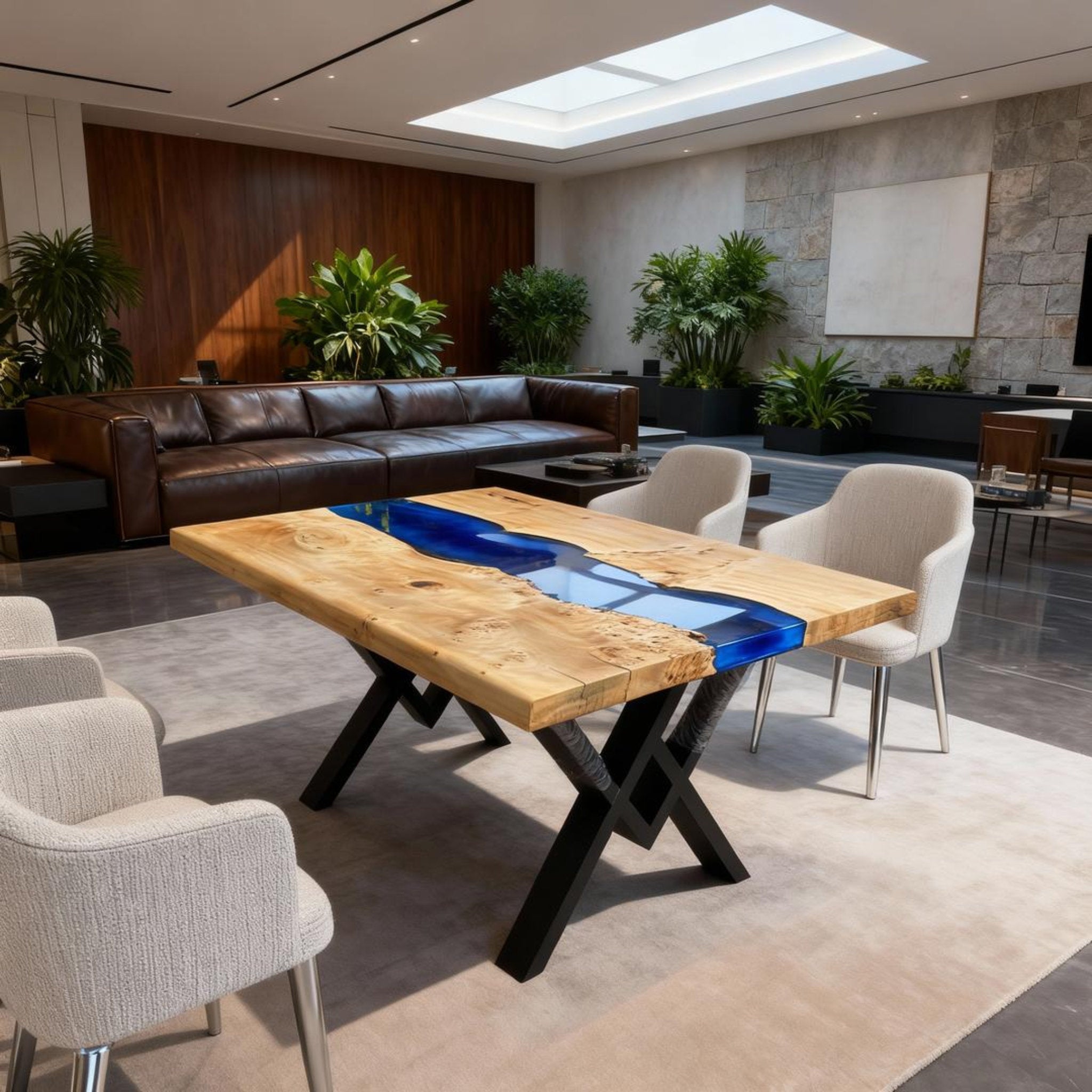 Table rivière sur mesure en bois de peuplier et résine époxy bleu saphir ZKP-482