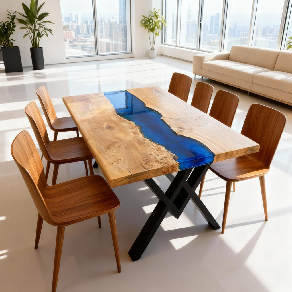 Table rivière sur mesure en bois de peuplier et résine époxy bleu saphir ZKP-482