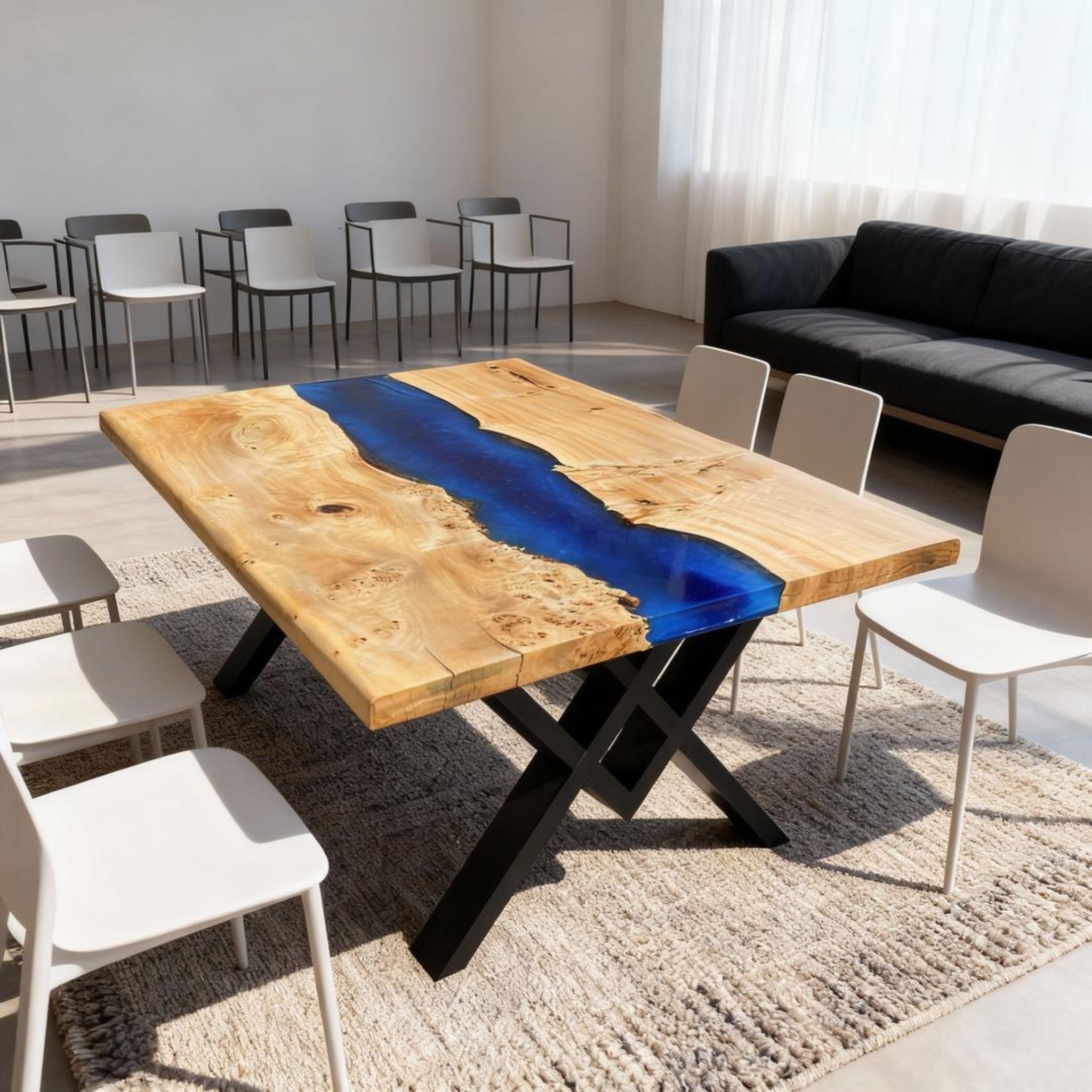 Table rivière sur mesure en bois de peuplier et résine époxy bleu saphir ZKP-482