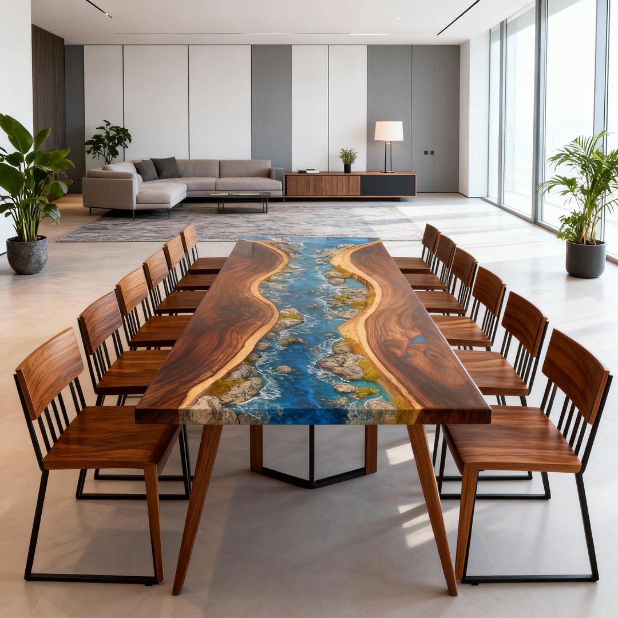 Table rivière sur mesure en résine époxy et noyer bleu égéen KRD-582