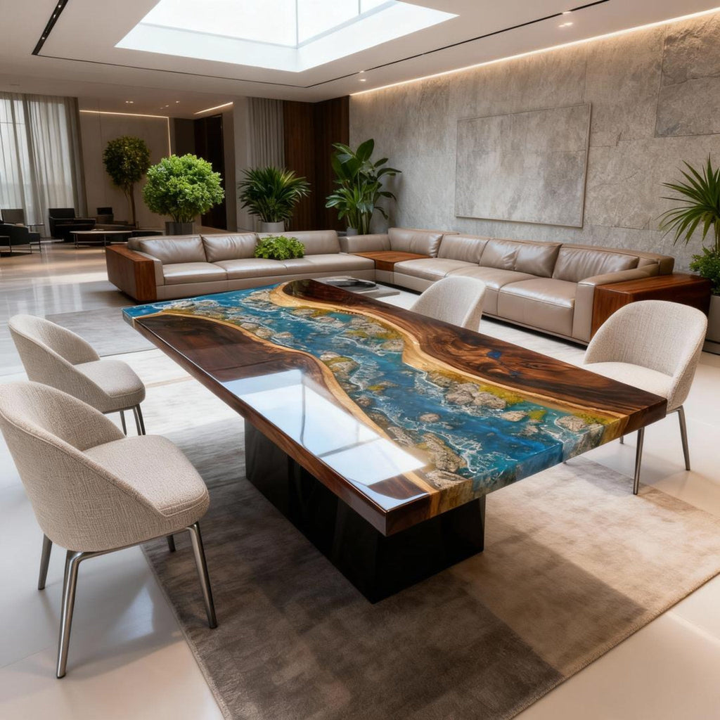 Table rivière sur mesure en résine époxy et noyer bleu égéen KRD-582